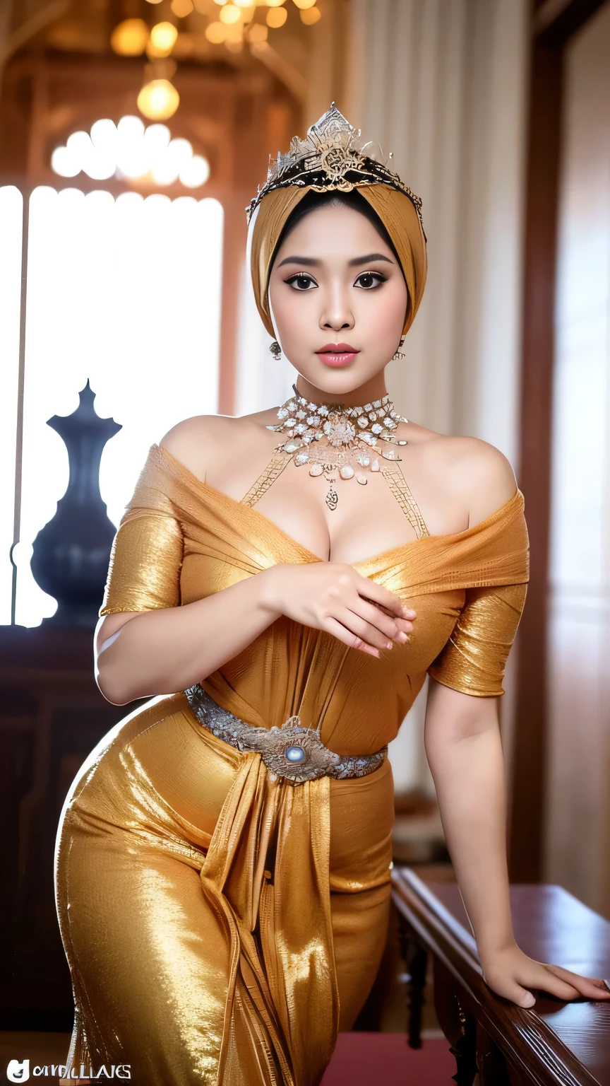 (best quality,4k,highres,masterpiece:1.2),ultra-detailed,realistic:1.37,beautiful and regal Javanese queen with hijab,dark and luxurious palace backdrop,beautiful detailed eyes and face,long eyelashes,voluptuous and curvy figure,exquisite jewelry and accessories,ornate and intricate patterned textiles,dazzling crown and royal attire,golden light illuminating the scene,vibrant and vivid color palette,soft and ethereal lighting,confident and alluring expression,graceful and elegant pose,serene and majestic atmosphere,rich cultural elements and symbols,meticulously captured body contours,subtle and tasteful sensuality,endless attention to every detail,romantic and dreamlike ambiance,artistic interpretation of beauty,stylish and sophisticated composition.