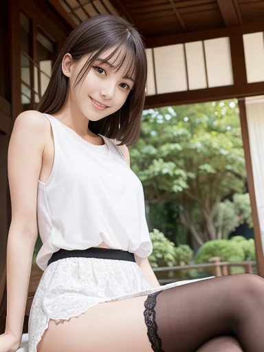 Pure Japanese girl, natural body, shiny white skin, wearing loose casual fashion, lift up skirt, (panty), natural ponytail, no makeup, impressive big brown eyes, pure smile, feeling soft breeze in hair, sitting, spread wide legs, little bit sexy feeling, sweet temptation, professional portrait photography, dazzling summer sunlight,