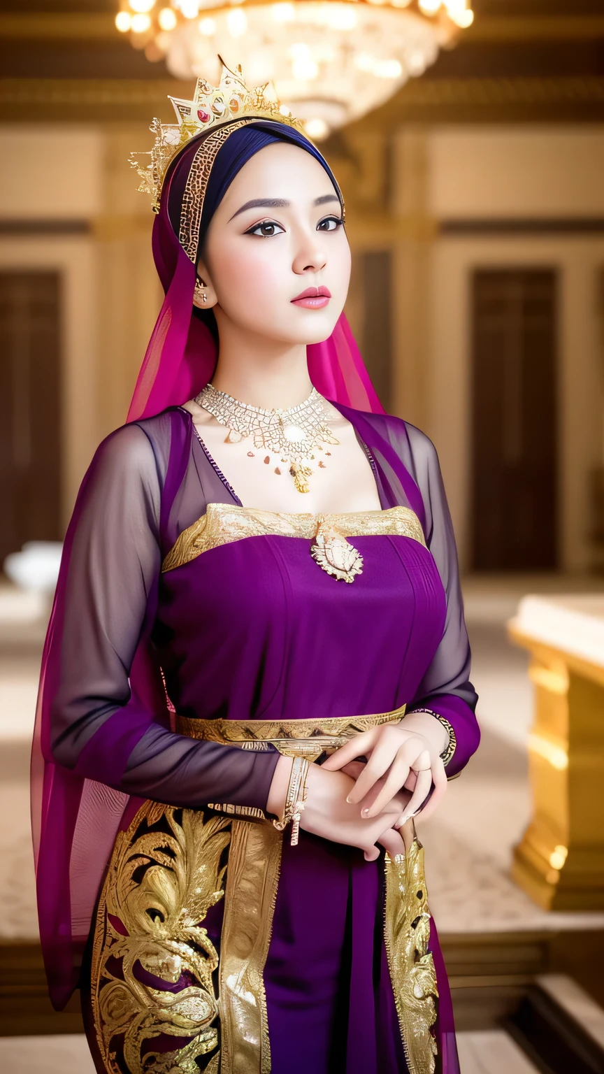 (best quality,4k,highres,masterpiece:1.2),ultra-detailed,realistic:1.37,beautiful and regal Javanese queen with hijab,dark and luxurious palace backdrop,beautiful detailed eyes and face,long eyelashes,voluptuous and curvy figure,exquisite jewelry and accessories,ornate and intricate patterned textiles,dazzling crown and royal attire,golden light illuminating the scene,vibrant and vivid color palette,soft and ethereal lighting,confident and alluring expression,graceful and elegant pose,serene and majestic atmosphere,rich cultural elements and symbols,meticulously captured body contours,subtle and tasteful sensuality,endless attention to every detail,romantic and dreamlike ambiance,artistic interpretation of beauty,stylish and sophisticated composition.