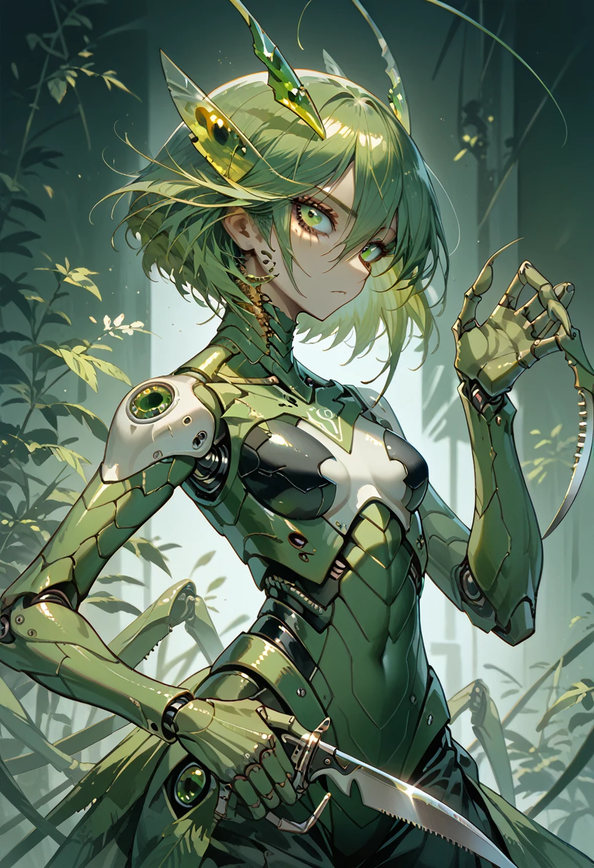 A girl fused with mantis. Cyborg body. Green and black. Sickle hands. Kaijin.