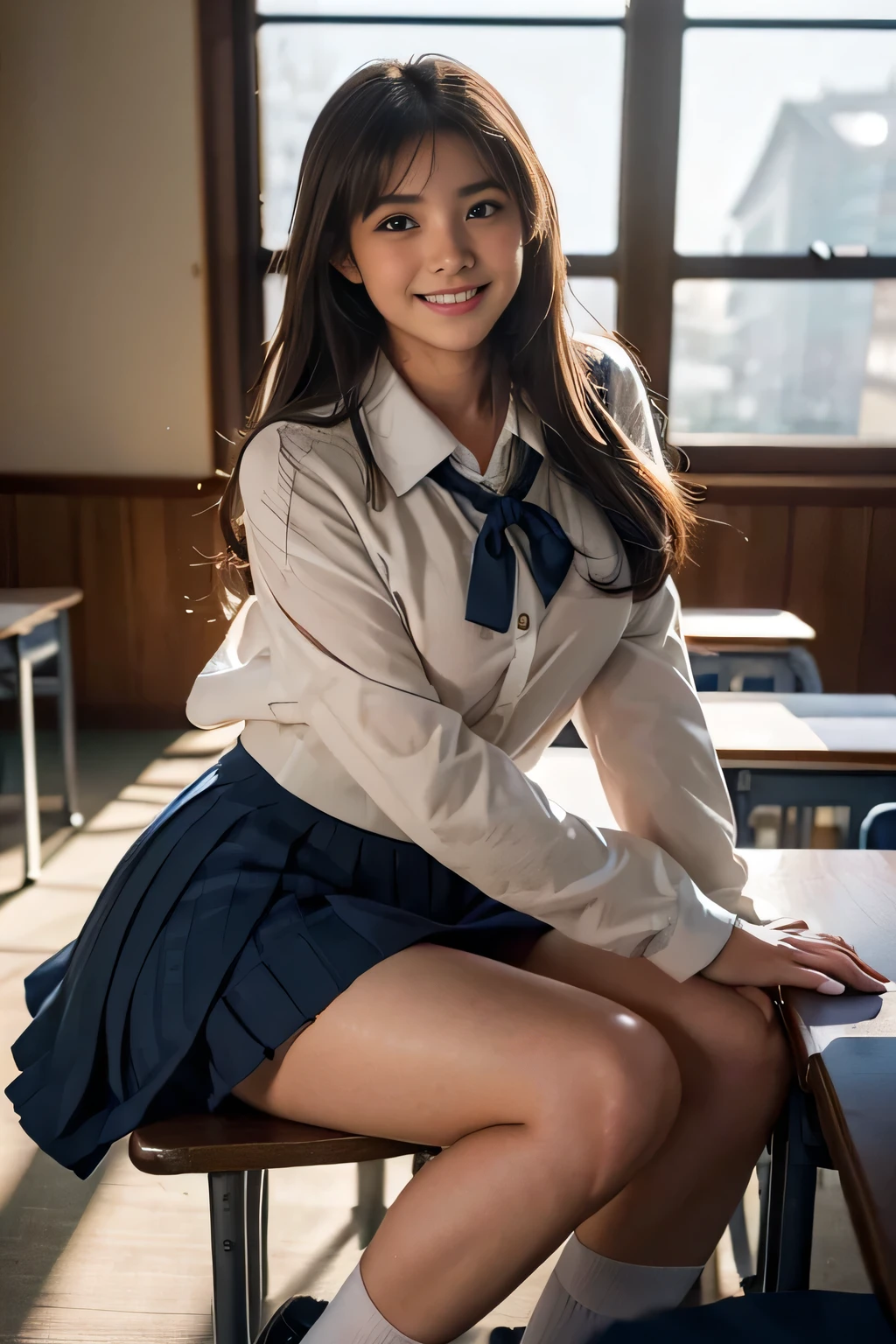 Two Japanese women, (smile:1.05),Browsing Caution、A camera angle looking up at a girl from waist height、8K,Highest quality, masterpiece, Very detailed, 超High resolution, Realistic, RAW Photos, , Absolute Resolution, Complete limbs、Complete Anatomy、Perfect beautiful skin、cute女の子1人,cute女の子 、、(smile:1.2)、ta Girl、(school uniform:1.3)、(Sleeveless shirt:1.1)、 ((When you raise your hands above your head, you can see your armpits.))、、Micro Mini Skirt、、Accentuate your thighs、cute女の子、 , Realistic young gravure idol, Japanese Girls、、by 2 person、(bedroom:1.2)、Mix 4, (16K, Raw photo, Best image quality, masterpiece: 1.45), (Realisticな, Photorealistic: 1.37), Two Girls, cute, Professional Lighting, Photon Mapping, bedroom, Physically Based Rendering, Dark brown long bob hair,Beautiful, well-groomed eyes、double eyelid、With a girl, (((Sleeveless shirts worn by Japanese high school girls、Checkered mini skirt,、Dark blue socks、Black Loafers))), Highest qualityの写真, High resolution, 1080P, (Clear Face), (Detailed face description), (Detailed hand description), (masterpiece), masterpiece、Rich details、(Beautiful Faces)、(Highest qualityの写真)、(Detailed eyes)、 in front of you、Thin clavicle、((Slim and large))、(((Japan wears short-sleeved shirts)))、((Pure Idol))、((明るいbedroom))、(Shot from random perspectives)、(((とにかくcute)))、smile、Drawing the whole body from the knees、No nasolabial folds、(Large firm breasts:1.2)、Firm big ass、Two arms and two legs、(((from the front:0.4)))、bare hands、Symmetrical eyes、