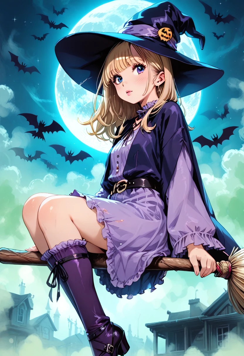 score_9, score_8_up, score_7_up, BREAK, eye view, from above, side view, 1 women, blonde, 22 years old, long straight hair, witch, purple costume, (sits on a floating broom:1.4), sky, black background, giant moon, halloween, mysterious, green fog, Detailed, intimate, clear, personal, highly contrasted, excellent composition, advanced cinematic perfect light, highly color focused, very cheeky, dynamic, face focus, looking to viewer
