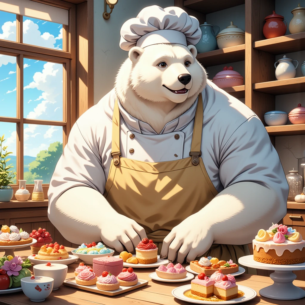 pastry chef, a middle-aged polar bear man, full body in Michelangelo Buonarroti style, housamo style, digital illustration anime, character focus, full body, looking away, dynamic angle, BREAK happy, little smile, chef's hat, costume, boots, cook a cake, a beautiful pastel-colored patisserie, intricate and delicate cakes, delicate floral decorations, perfectly arranged dessert display, assorted fruits, sugar flowers, macarons, cupcakes, tarts, sweet treats, dynamic pose, detailed painting landscape, morning, patisserie, kitchen, kitchen table, indoor, france, BREAK complete anatomy, perfect proportions, beautiful thigh gap, fluffy body, intricate fur details, beautiful fur texture, BREAK detailed polar bear tail, detailed boots, detailed hands, 5fingers, 5fingers nails, BREAK aesthetic anime face, insanity detailed face, male face, big face, square jawline, aesthetic anime eyes, detailed brown eyes, detailed brown cornea, detailed dark brown irises, detailed pupils, male eyes, big eyes, male eyebrows, innocent look, beautiful beard, BREAK masterpiece, official art, best quality, very aesthetic, absurdres, super fine illustration, great quality, BREAK noise reduction, very highres, large filesize, high quality, 32K, 8k wallpaper, dynamic lighting, BREAK insanity detailed, ultra detailed, intricate details, extremely detailed, detailed texture, an extremely delicate and beautiful, full color, HDR, BREAK e621 illustration, osukemo, kemohomo, anthropomorphic, furry, cartoon, harmonious, pastoral, virtuous