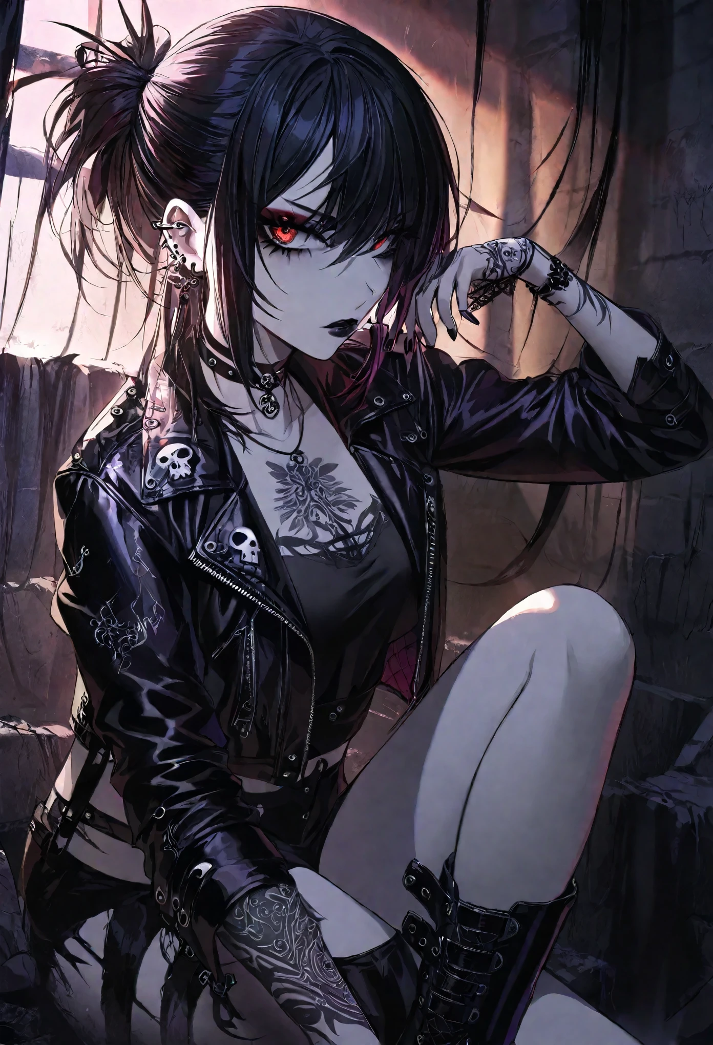 darkly beautiful, gothic girl with intricate make up, intense eyes, and pale complexion, [dark fashion], [pierced ears], [leather jacket], [dark lipstick], [smoky eyes], [pale skin], [mysterious atmosphere], [moody lighting], [grunge aesthetic], [haunting expression], [urban setting], [edgy accessories], [black nail polish], [choker necklace], [tattooed arms], [heavy eyeliner], [gothic jewelry], [dramatic pose], [goth rock music], [black boots], [long dark hair], [attitude], [striking appearance], [artsy background], [skull motifs], [ethereal vibe], [alternative beauty], [goth subculture], [rebellious spirit], [dark romance], (best quality, ultra-detailed), [contrasting shadows], [vibrant dark colors], [eerie ambiance].