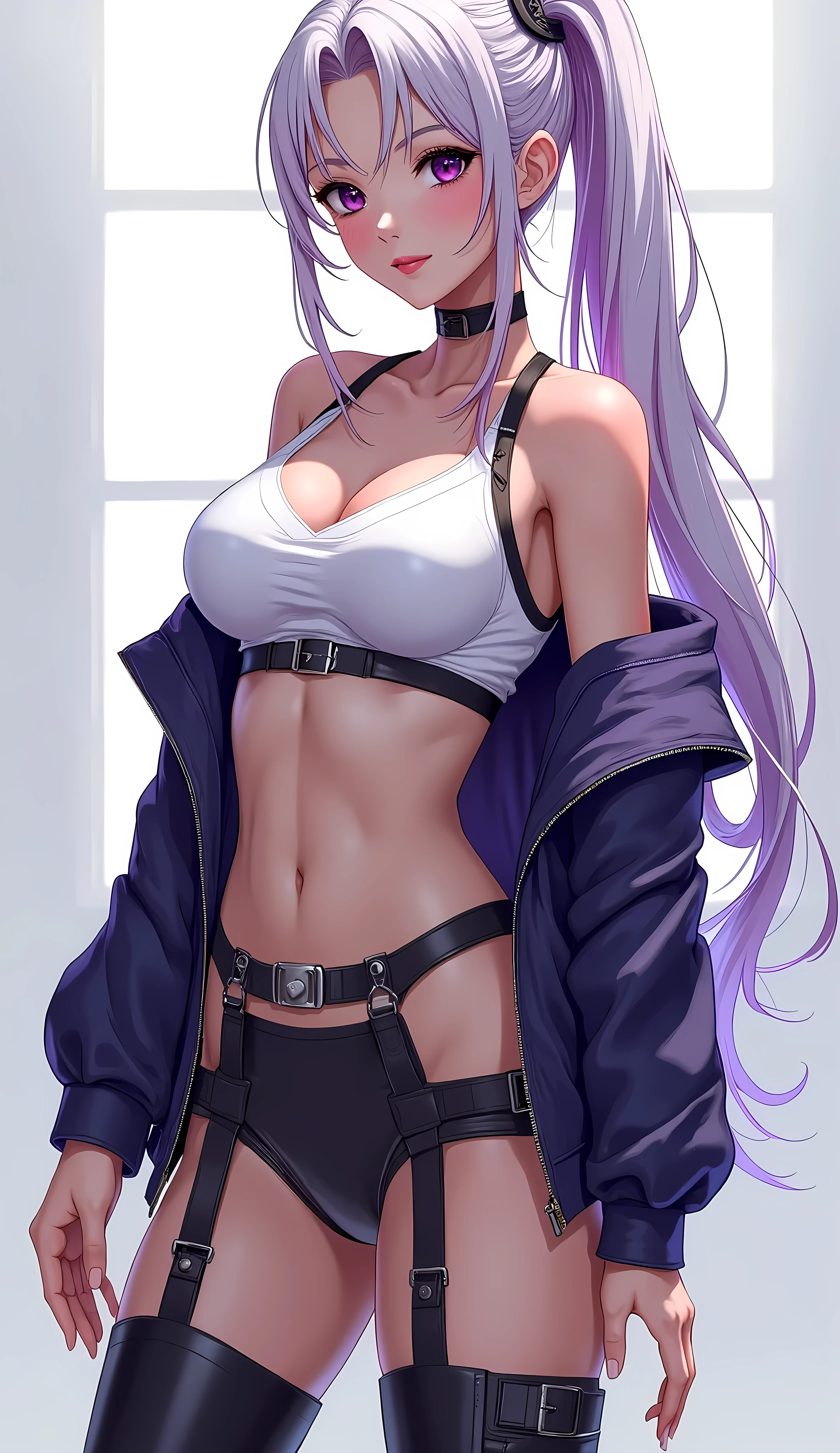 Detailed image of loli, White hair loose in a messy aesthetic bun, sharp and captivating purple eyes, Beautiful face, Smiling, Full lips, dog ears, With earrings, Small breasts, Blushing eyeshadow, Long thick eyelashes, Sensual pose dressed in a cardigan, Mini shorts, Small waist, wide hips, big round ass, Beautiful thick bare thighs, View from below, Shallow depth of field, Volumetric lighting, Shadow enhancement, Detailed cityscape, scapular (hightquality, Amazing details: 1. 25), (Only: 1.3), Bright and colorful painting.