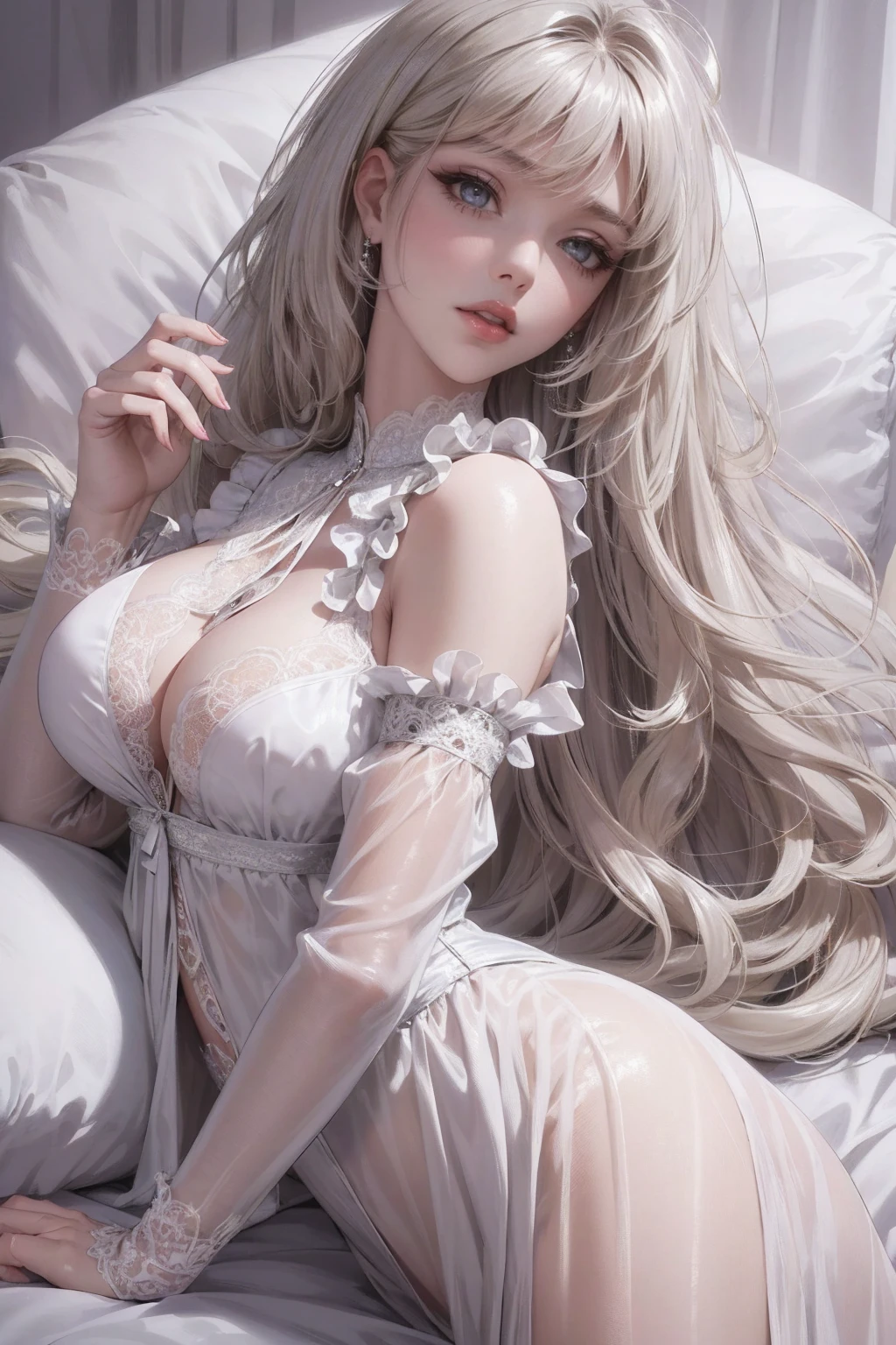 1 girl, Princess peach, Boosette, white hair, extremely long hair, purple eyes, soft, soft light, delicate, frills, vagina, dripping wet cum, (exposed breasts, nipples), frilly choker, frilly white dress, messy hair, laying down, parted lips, sexy pose, open mouth, bows in hair, presenting, white thighhighs, (blushing), feet together, crown, ballroom gown, hands together, leaning backwards, high heels, sad and scared, kneeling, spread legs 