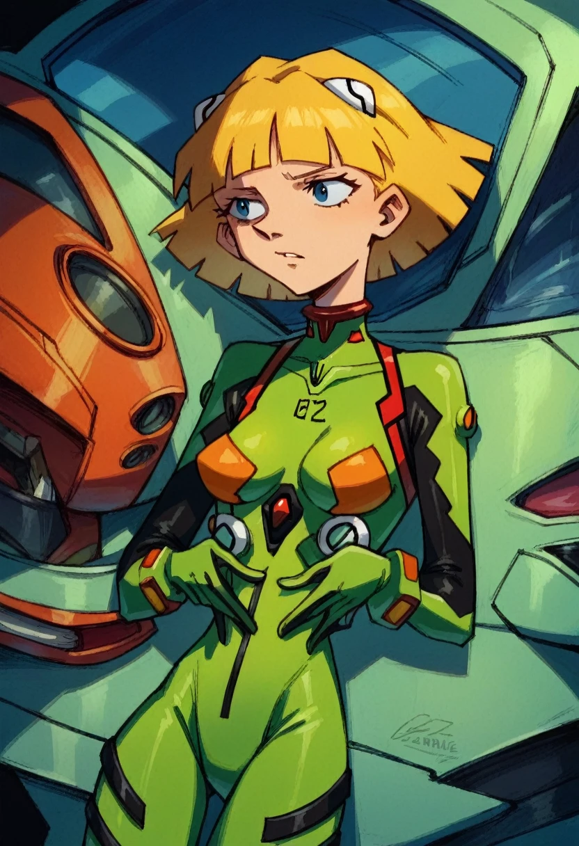 olga, 1 , Alone, blonde hair, short hair, fringe, blunt fringe, evangelion, plugsuit, science fiction, olga wearing an evangelion-lke green plugsuit 