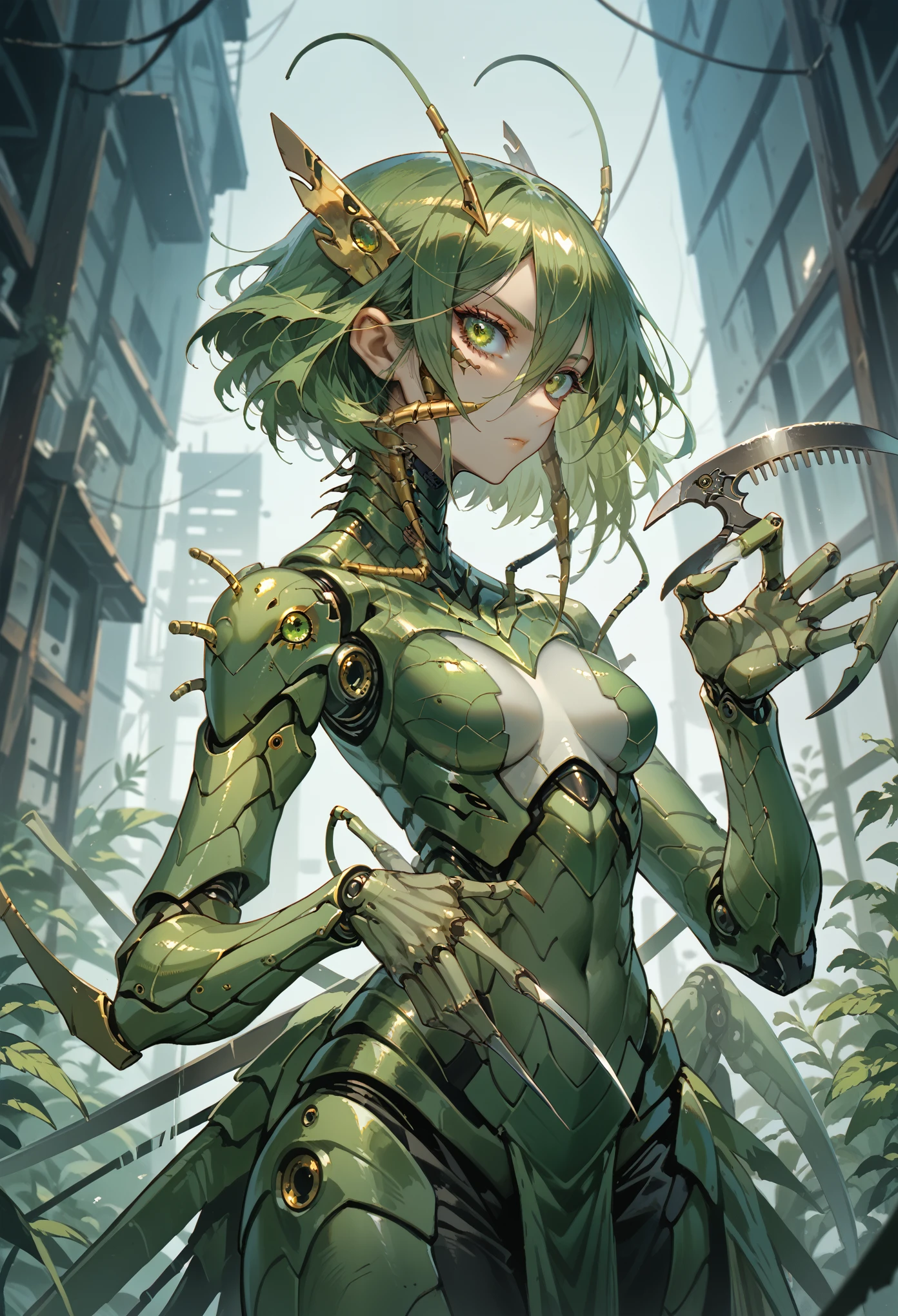 A girl fused with mantis. Cyborg body. Green and black. Sickle hands. Kaijin.