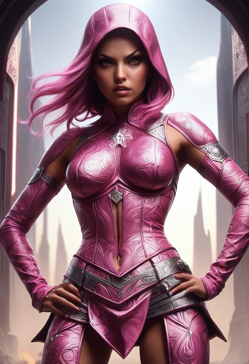  Super Sexy Woman from Star Wars Mandaan Ninja ,  pink corset,  Very Short Pink Miniskirt , Damascus,  Exposing Clothes ,  Superhero Photorealistic Art by Kane Griffith and Vadim Kassin, Three-part method, Good lighting,  Atmospheric Lens , High Reflectivity , background,  super sharp focus , Illustration, Abstract Beauty