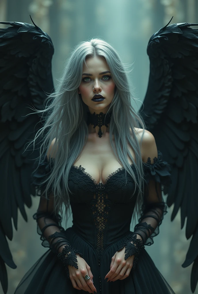 have a fairy face smooth skin pink lips white hair perfect body setting in the chair and have tattoos with black t-shirt and necklace
and Smoky background and big wings of angel in the back
