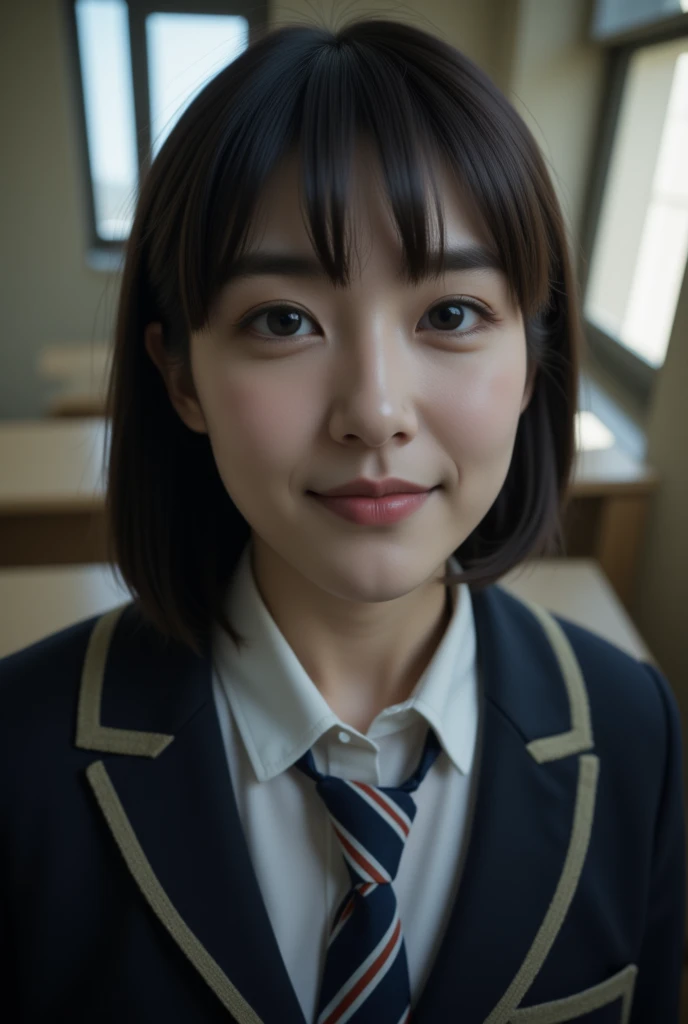 photograph (Best Quality,masterpiece:1.3, ultra high resolution),(Super detailed,caustics,8k),( photorealistic:1.4,RAW shooting),18 years old,cute,Japanese, Medium Bob Black Hair 、(uniform),(smile),Looking up at the camera,classroom, stand on all fours,(Focused on the face),( face during a power outage),(High Situation:1.3),(High Angle:1.3), Low Angle Composition Impose 