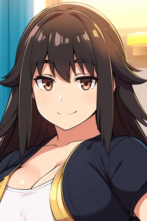 Chubby big breasts black hair brown eyes happy long messy hair smile dereder fate grand order 