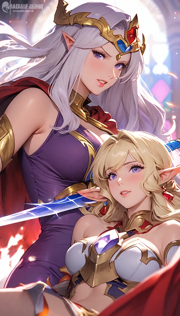 A woman with a sword in a red cloak and blue dress,   Altria Pendragon  , Saint Seiya girls , portrait Saint Seiya girls ,  Edelgard in Fire Emblem,  ayaka genjin impact , Edelgard Fire Emblem, Anime Goddess,  Seductive Elf Princess Night  ,  Nathalie from Epic Battle Fantasy with a woman in a purple dress, Power Girl, Princess of Hyperborea, granblue fantasy