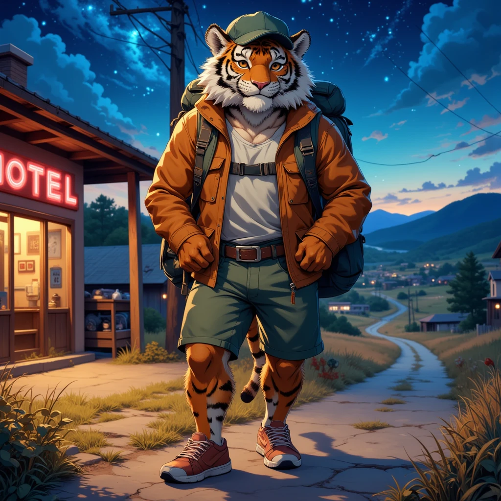 american country, backpacker, muscular middle-aged tiger man, happy, little smile, backpack, baseball cap, costume, jacket, half pants, detailed sneaker, standing, hiking, dynamic pose, quantum electromagnetic life form night sky, location Route 66, motel, path, outdoor, detailed painting landscape, full color HDR, BREAK full body in Michelangelo Buonarroti style, housamo style, digital illustration anime, character focus, full body, looking away, dynamic angle, niji6, niji5, BREAK complete anatomy, perfect proportions, beautiful thigh gap, fluffy body, intricate fur details, beautiful fur texture, BREAK a detailed tiger 1tail, detailed sneaker, beautiful foot, detailed hands, 5fingers, 5fingers nails, BREAK anime face, insanity detailed face, male face, big face, square jawline, anime eyes, detailed brown eyes, detailed brown cornea, detailed dark brown irises, detailed pupils, male eyes, big eyes, male eyebrows, innocent look, beautiful beard, BREAK masterpiece, official art, best quality, very aesthetic, absurdres, super fine illustration, great quality, BREAK noise reduction, very highres, large filesize, high quality, 32K, 8k wallpaper, dynamic lighting, BREAK insanity detailed, ultra detailed, intricate details, extremely detailed, detailed texture, an extremely delicate and beautiful, full color, HDR, BREAK e621 illustration, osukemo, kemohomo, anthropomorphic, furry, harmonious body, pastoral face, virtuous eyes, no signature, american country atmosphere 