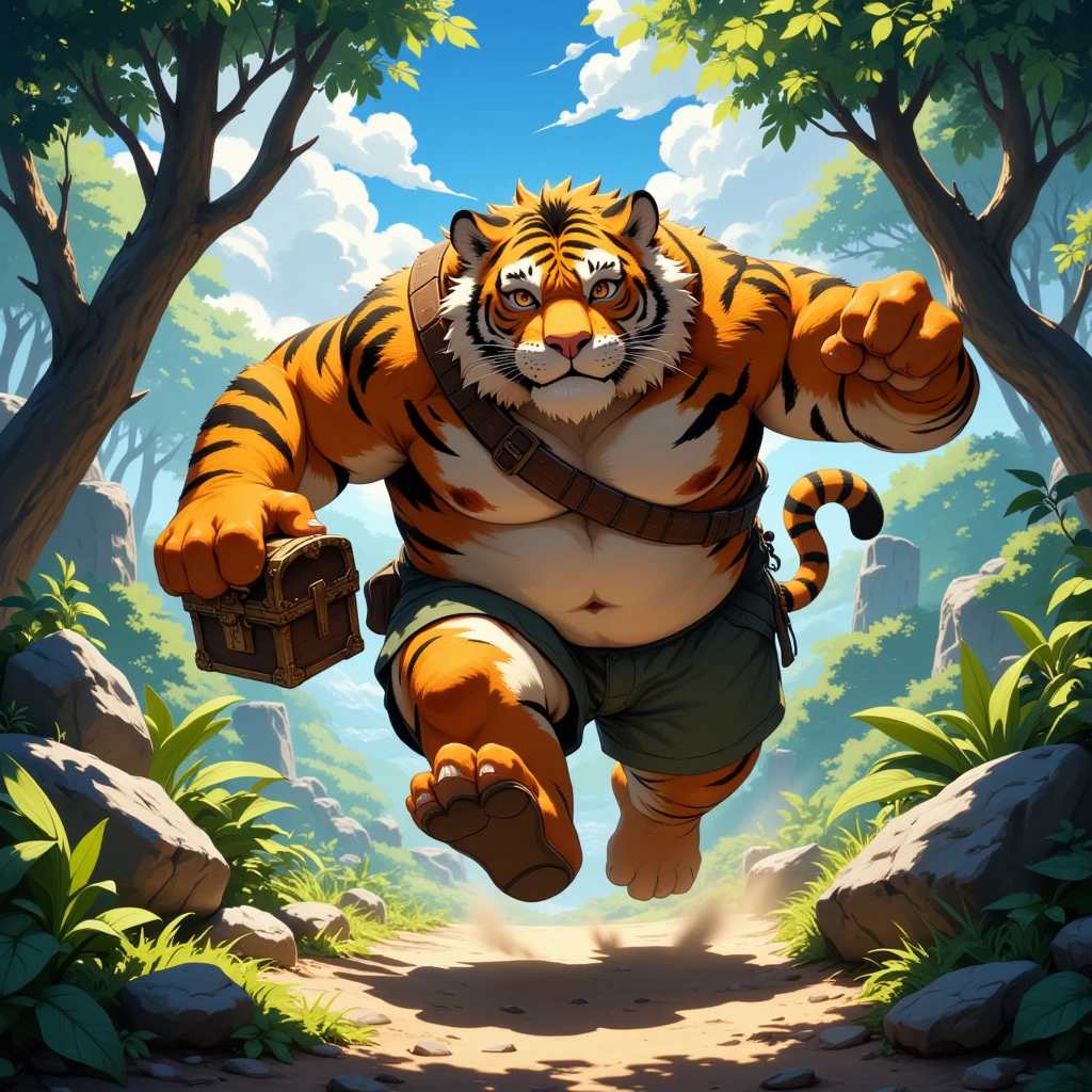 treasure hunter, a plump middle-aged tiger man, full body in Michelangelo Buonarroti style, housamo style, digital illustration anime, character focus, full body, looking away, dynamic angle, BREAK clothed, costume, hat, half pants, holding treasure chest, run away, running through a forest, dynamic pose, detailed painting landscape, jungle ruins, outdoor, full color, HDR BREAK complete anatomy, perfect proportions, beautiful thigh gap, fluffy body, intricate fur details, beautiful fur texture, BREAK detailed tiger tail, detailed toe, 5toes, 5toes nails, beautiful foot, detailed hands, 5fingers, 5fingers nails, BREAK aesthetic anime face, insanity detailed face, male face, big face, square jawline, aesthetic anime eyes, detailed brown eyes, detailed brown cornea, detailed dark brown irises, detailed pupils, male eyes, big eyes, male eyebrows, innocent look, beautiful beard, BREAK masterpiece, official art, best quality, very aesthetic, absurdres, super fine illustration, great quality, BREAK noise reduction, very highres, large filesize, high quality, 32K, 8k wallpaper, dynamic lighting, BREAK insanity detailed, ultra detailed, intricate details, extremely detailed, detailed texture, an extremely delicate and beautiful, BREAK e621 illustration, osukemo, kemohomo, anthropomorphic, furry, cartoon, harmonious eyes, pastoral face, virtuous body, epic atmosphere 