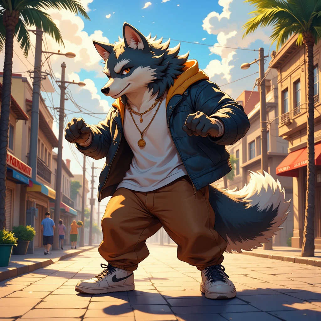 character focus, full body, looking away, back view, back focus, dynamic angle, street dancer, muscular middle-aged wolf man, happy, little smile, street fashion, jacket, pants, street dance, dancing, dynamic pose, standing, full body in Michelangelo Buonarroti style, digital illustration anime, housamo style, detailed painting landscape, afternoon, city scape, street, outdoor, full color, HDR, BREAK complete anatomy, perfect proportions, beautiful thigh gap, fluffy body, intricate fur details, beautiful fur texture, BREAK detailed wolf tail, detailed toe, 5toes, 5toes nails, beautiful foot, detailed hands, 5fingers, 5fingers nails, BREAK aesthetic anime face, insanity detailed face, male face, big face, square jawline, aesthetic anime eyes, detailed brown eyes, detailed brown cornea, detailed dark brown irises, detailed pupils, male eyes, big eyes, male eyebrows, innocent look, beautiful beard, BREAK masterpiece, official art, best quality, very aesthetic, absurdres, super fine illustration, great quality, BREAK noise reduction, very highres, large filesize, high quality, 32K, 8k wallpaper, dynamic lighting, BREAK insanity detailed, ultra detailed, intricate details, extremely detailed, detailed texture, an extremely delicate and beautiful, BREAK e621 illustration, osukemo, kemohomo, anthropomorphic, furry, cartoon, harmonious body, pastoral face, virtuous eyes, street atmosphere