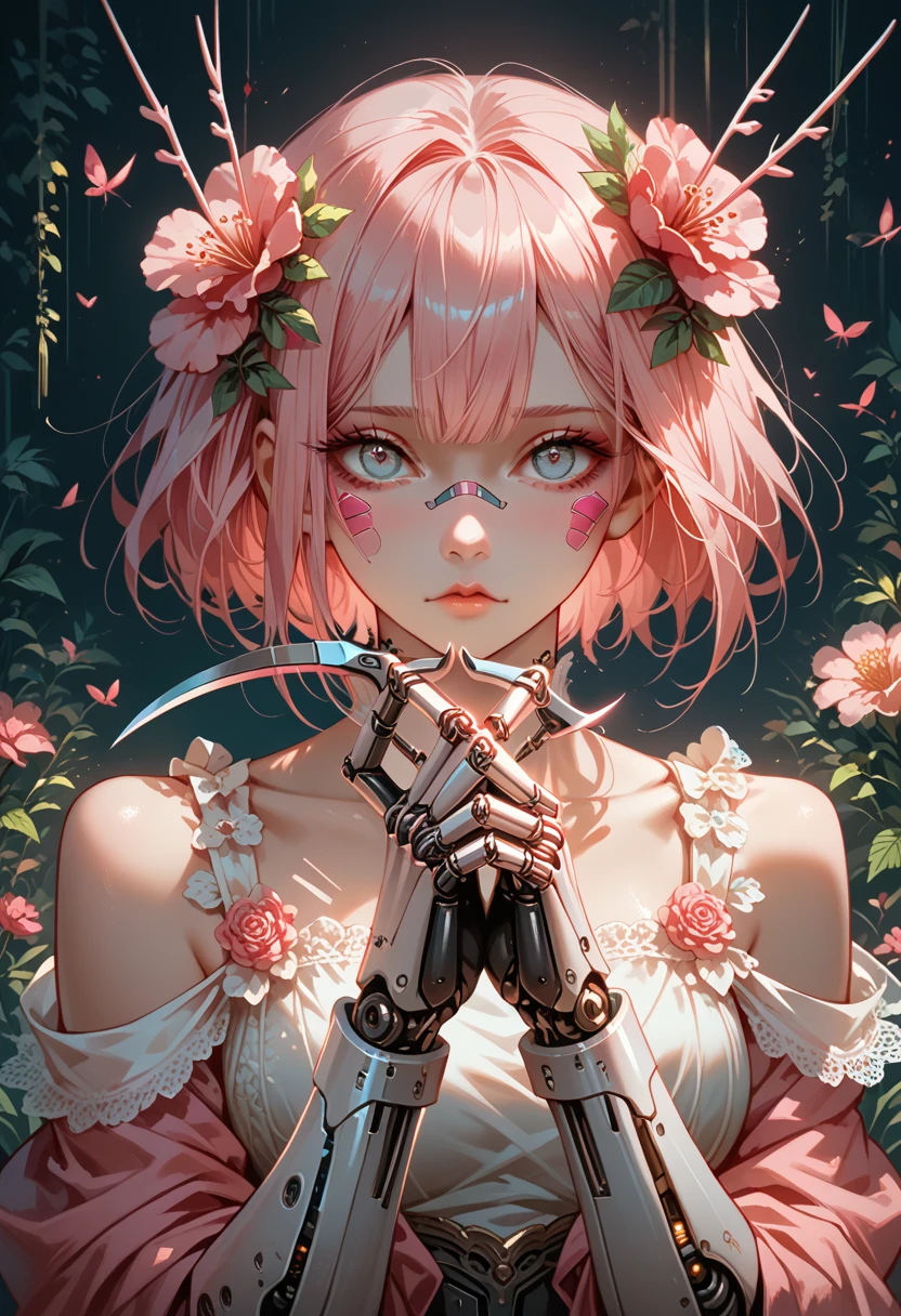 A girl fused with mantis. Cyborg body. Pink and White. Sickle hands. Kaijin. Flowers bloom from the face.