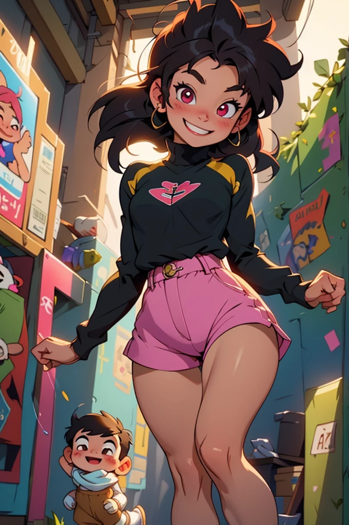 masterpiece, 4k, high quality, beautiful lighting, dynamic lighting, soft detailed skin, black leotard, full black leotard, long sleeve leotard, exposed legs, long black hair, smiling, seductive smile, blush, young, short, very short, loli, , camel toe, sexy, seductive, beautiful details, highly detailed, shiny skin, thin waist, tiny waist, super short, big young eyes, pink shorts over leotard