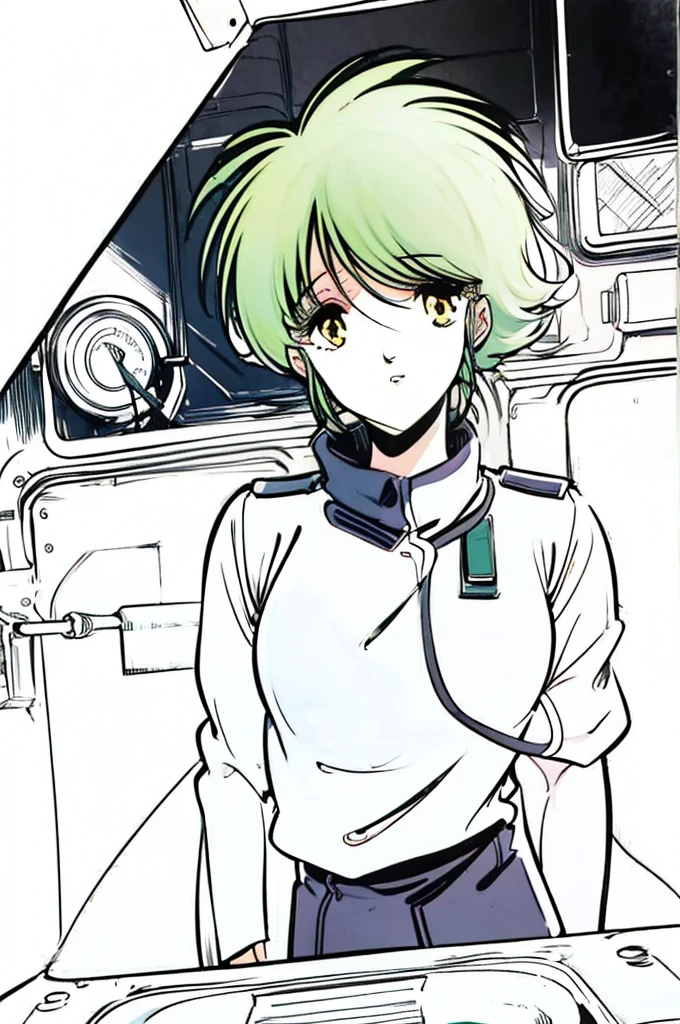 白黒Line art,sketch, monochrome, Line art,masterpiece, high definition, anime-like ,On the eve of the MZ 1 o'clock festival , 1 girl,Red Hair, short hair,Yellow Eyes,retro art style ,1980s ( style ), military uniform,military_Have, top quality anime illustration egazone23 ,Eve, the main character is a girl with long yellowish green hair., Wearing military uniform, tanks lined up in the background ,Create in  high definition like 4K