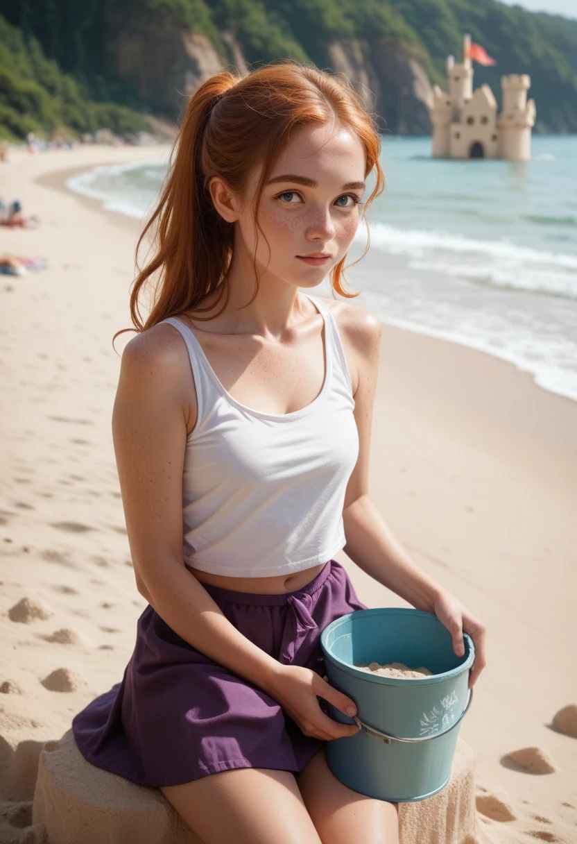  Cute dutch ginger girl playing on a beach, making a sandcastle with a bucket, she is wearing a purple skirt and a white tank top, freckles,  sfw