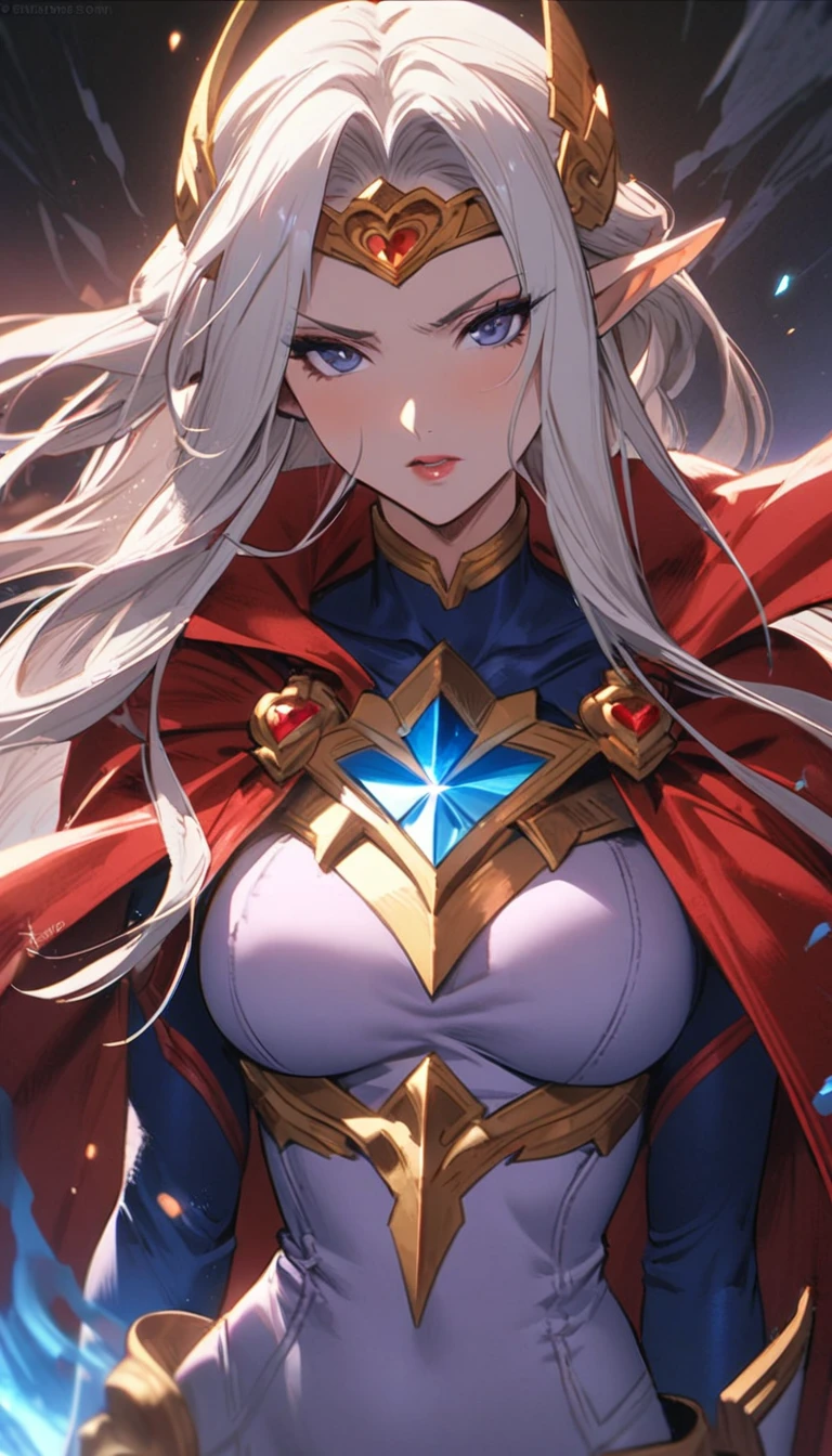 A woman with a beam sword wearing a red cloak and blue hero suit, Alone,  Supergirl , Saint Seiya girls , portrait Saint Seiya girls ,  Edelgard in Fire Emblem,  ayaka genjin impact , Edelgard Fire Emblem, Anime Goddess, Seductive Elf Princess Night  ,  Nathalie from Epic Battle Fantasy with a woman in a purple dress, Power Girl, Princess of Hyperborea, granblue fantasy