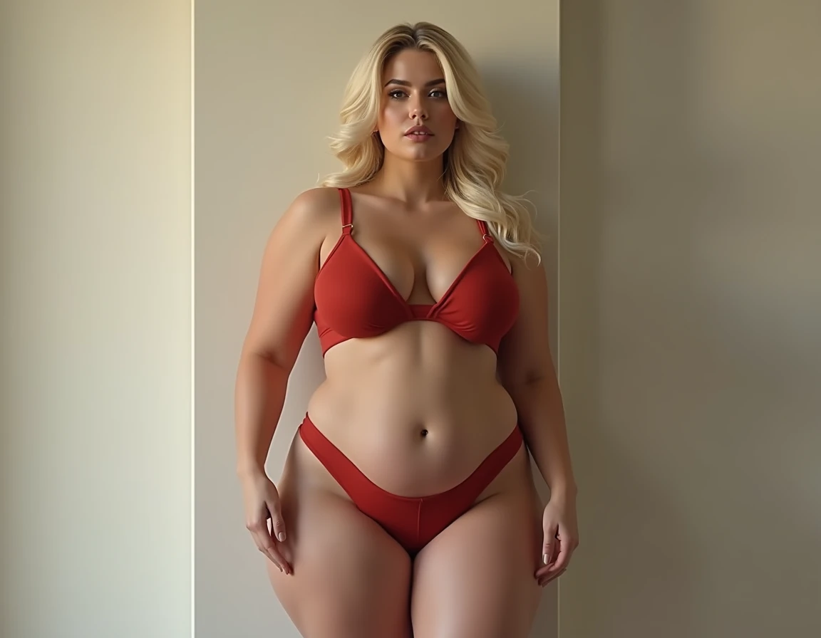 (masterpiece:1.2), (ultra detailed:1.0), blonde goddess, fat plus size model, red lingerie, big ass, in christ the redeemer, sensual neckline, outside, sexy girl, thick thighs, stunning view, provocation, sensual and seductive, full length, realistic,