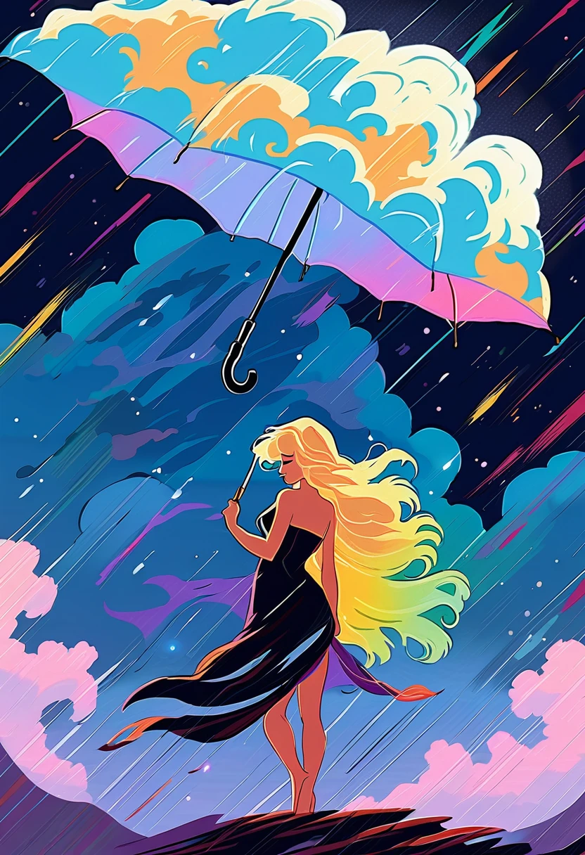 A giant storm cloud racing down colorful stardust, twinkling, on to a silhouette of a beautiful 25 year old  nude blonde woman naked holding an umbrella, fantasy art style, rossdraws cartoon vibrant, cute detailed digital art, colorfull digital fantasy art, digital fantasy art ), glossy digital painting, rossdraws pastel vibrant, rossdraws 2. 5, rossdraws 1. 0