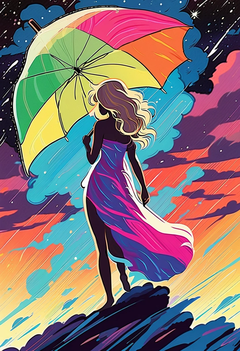 A giant storm cloud racing down colorful stardust, twinkling, on to a silhouette of a beautiful 25 year old  nude blonde woman naked holding an umbrella, fantasy art style, rossdraws cartoon vibrant, cute detailed digital art, colorfull digital fantasy art, digital fantasy art ), glossy digital painting, rossdraws pastel vibrant, rossdraws 2. 5, rossdraws 1. 0