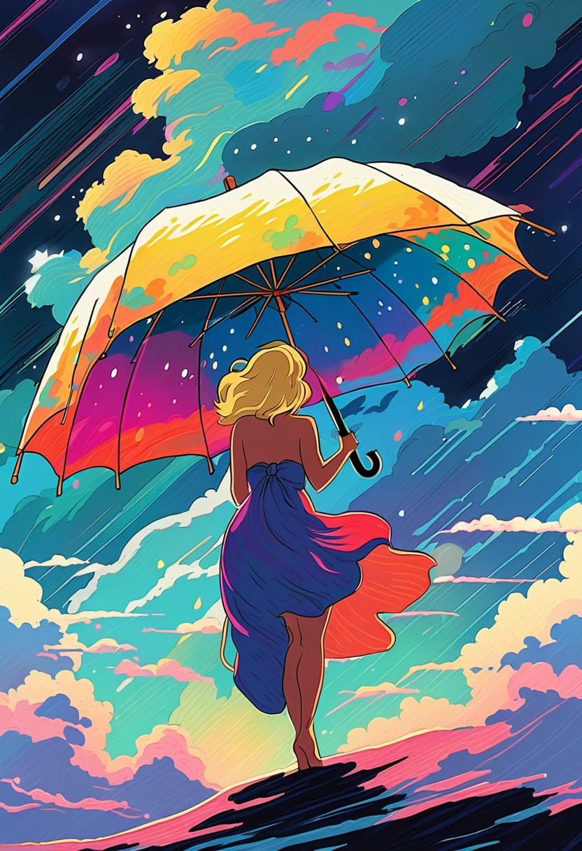 A giant storm cloud racing down colorful stardust, twinkling, on to a silhouette of a beautiful 25 year old  nude blonde woman naked holding an umbrella, fantasy art style, rossdraws cartoon vibrant, cute detailed digital art, colorfull digital fantasy art, digital fantasy art ), glossy digital painting, rossdraws pastel vibrant, rossdraws 2. 5, rossdraws 1. 0