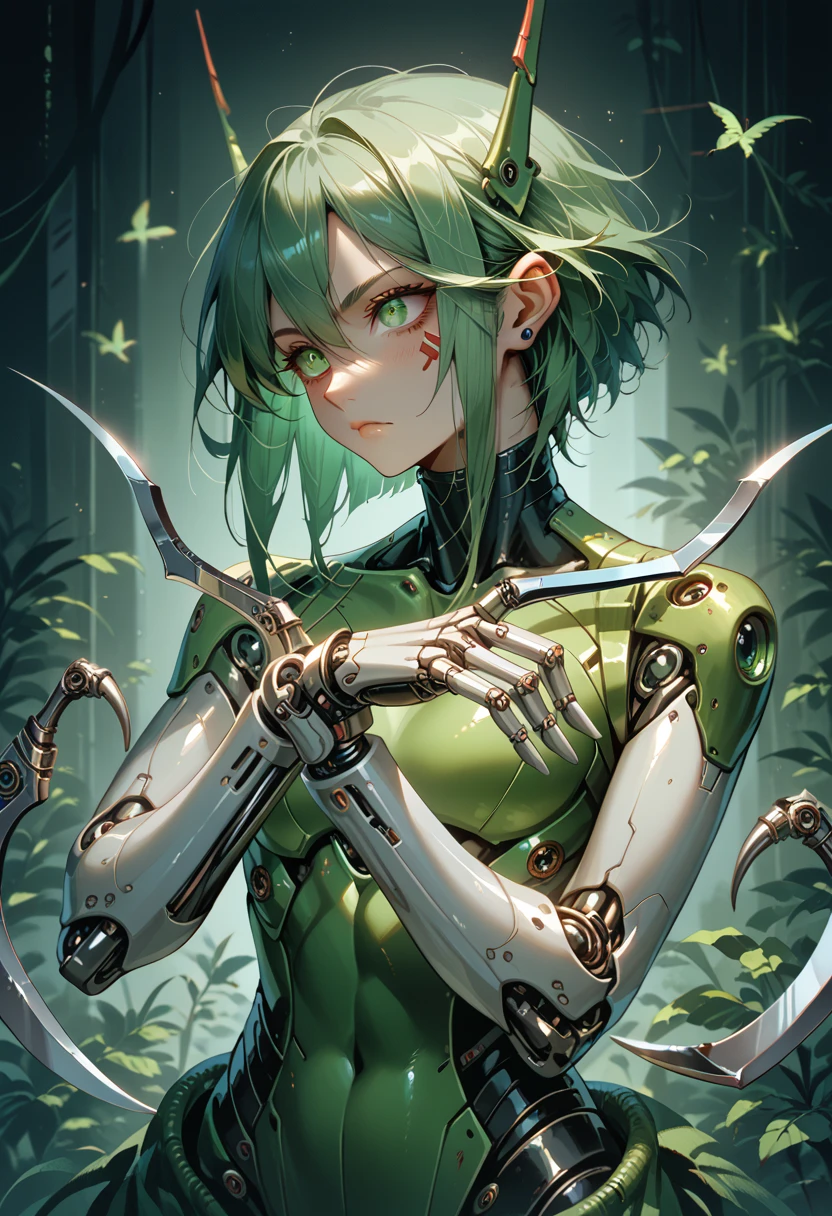 A girl fused with mantis. Cyborg body. Green and black. Sickle hands. Kaijin.