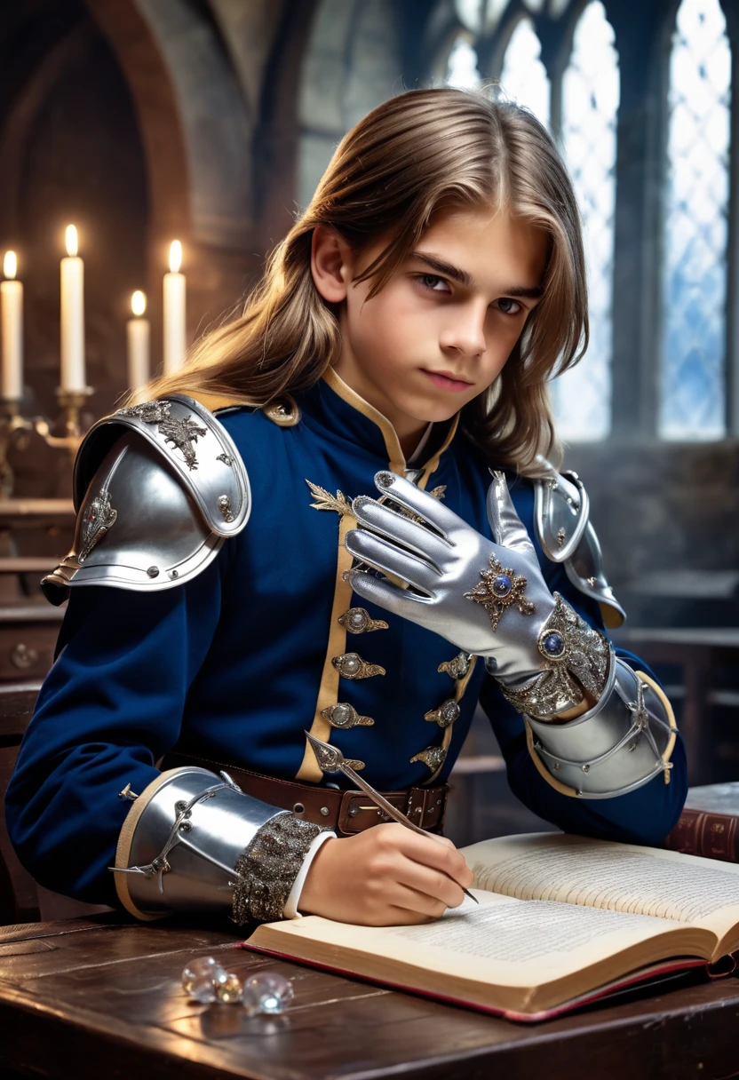 magic fantasy, Middle Ages, cadet boy is studying military science, the student wears a long clawed glove with crystals, fantasy game, long hair