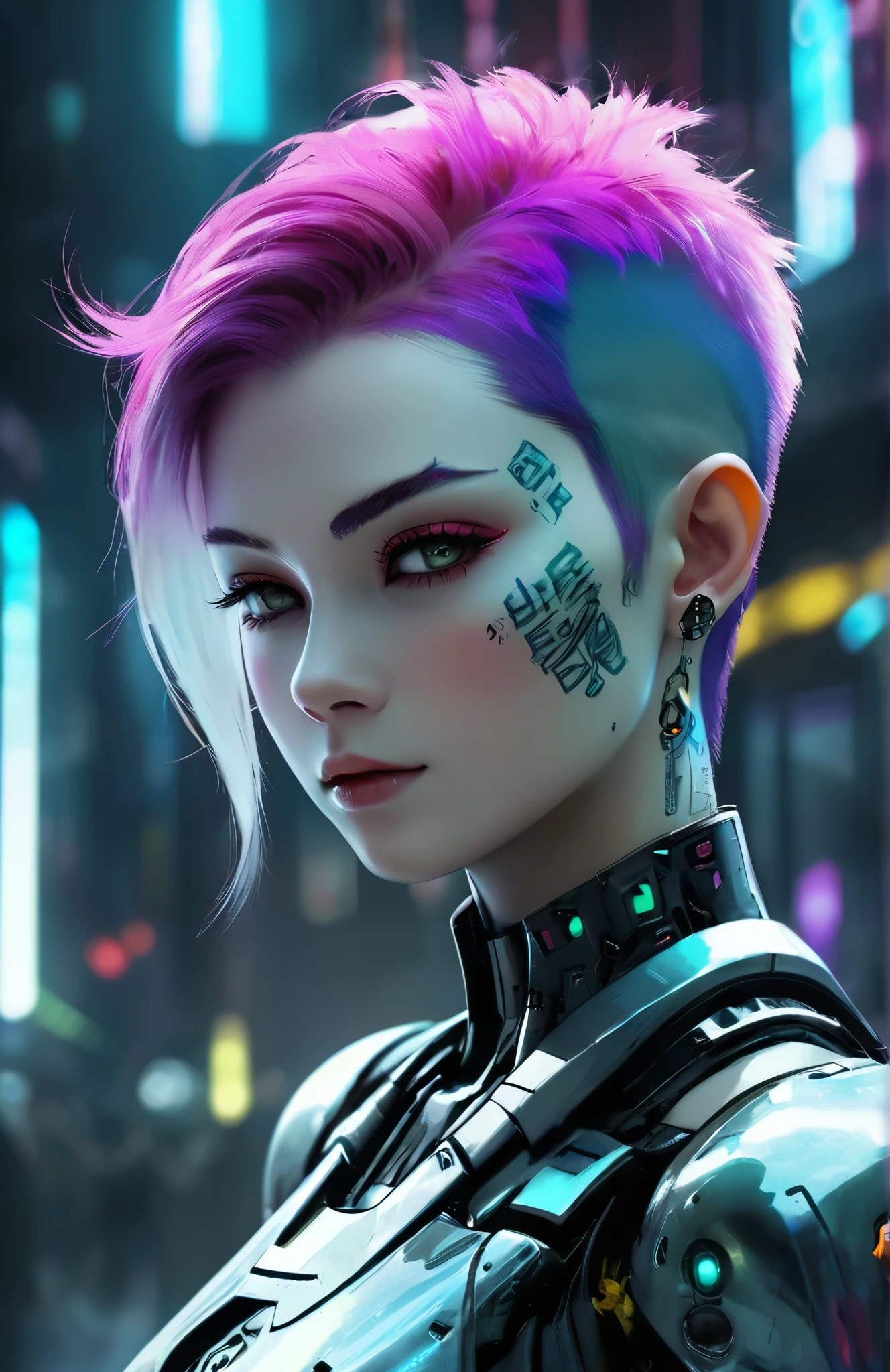 The text seems to describe a future , Cyberpunk style scene . In this scene, there is a high definition (HD) Close-up do rosto, with compact facial features and a deep background . The characters have colored spray paint and tattoos on their bodies, and their faces are beautiful . The face is portrayed in color and the eyes are white . From a deep perspective , the scene is a male character , as well as a sophisticated robot (robot boy). The final description is the darkness of the background .