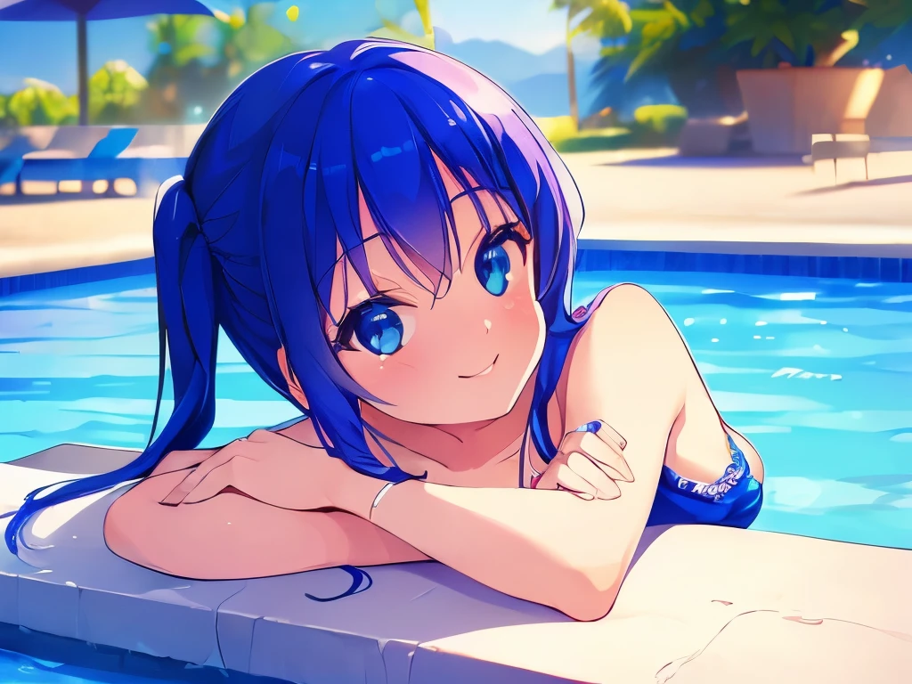 ((masterpiece)), ((best quality)), (ultra-detailed), pool, a cute girl, 1girl, solo, ((beautiful eyes)), smile, bikini00, beautiful blue hair