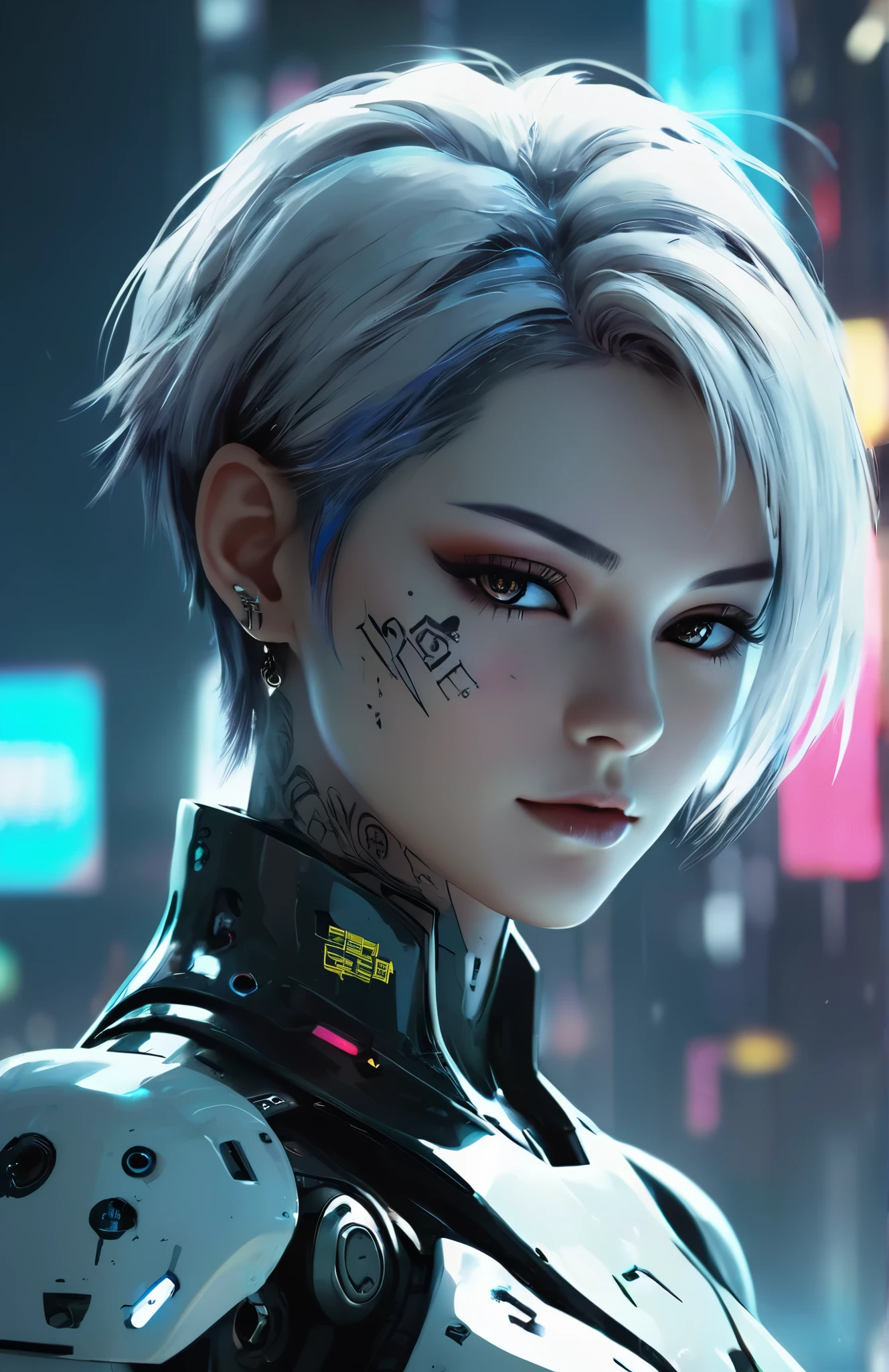The text seems to describe a future , Cyberpunk style scene . In this scene, there is a high definition (HD) Close-up do rosto, with compact facial features and a deep background . The characters have colored spray paint and tattoos on their bodies, and their faces are beautiful . The face is portrayed in color and the eyes are white . From a deep perspective , the scene is a male character , as well as a sophisticated robot (robot boy). The final description is the darkness of the background .