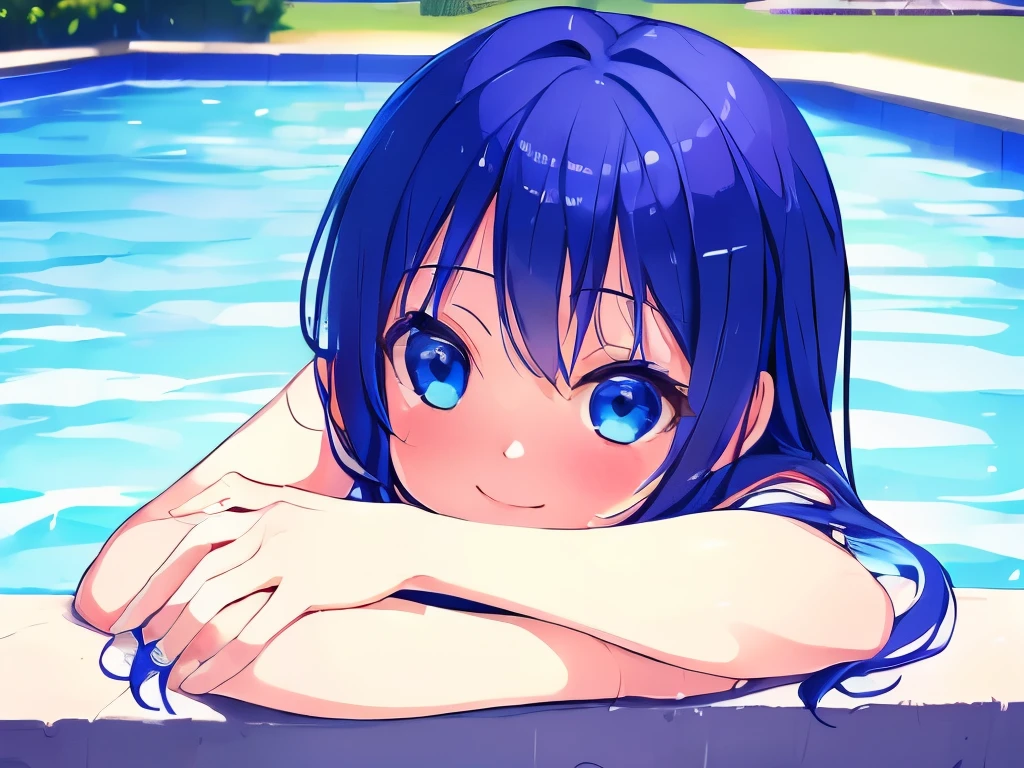 ((masterpiece)), ((best quality)), (ultra-detailed), pool, a cute girl, 1girl, solo, ((beautiful eyes)), smile, bikini00, beautiful blue hair