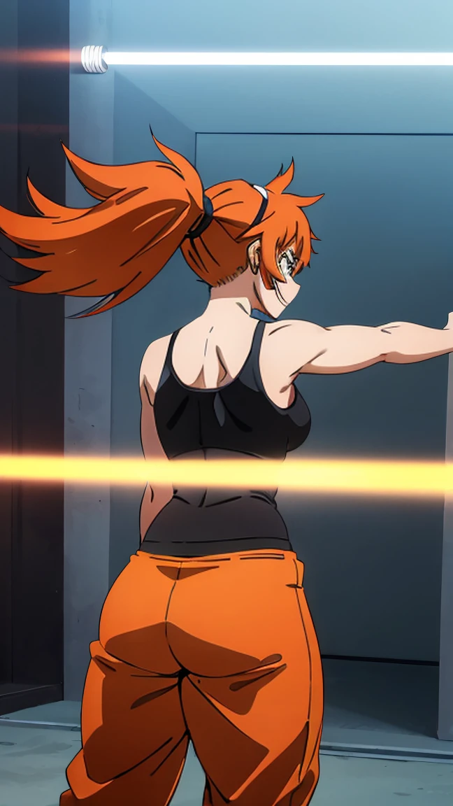 (Better quality:1.3), (4K quality), Good composition, bright green light, Headrest, Lips, ( long hair  atado bajo, (day:1.2), (smiling smile), gym, top black, Exercise, ((black micro top )),  huge thighs , Show ass on screen  [Kendou Itsuka], [ Boku no hero Academia], (( masterpiece )), ((Alta definición)), (( high quality)),  Beautiful anime girl showing her ass, anime badass 8k,  better noise removal , La Better quality, best render ,  orange hair , tied hair,  long hair ,  long hair  atado,  wide hips, cintura slim, muscle girl, hidden hands, Full arms, without errors,  long hair  atado, high ponytail on the left side of her head , hide breasts ,  ponytail on the left of her head part of her hair stands up in large tufts on the top of her head, no mask, Cover face , girl turning her back,  anime girl not looking at the camera,  girl looking forward , don't show your face , girl turning her back,  cover face ,  orange hair , orange hair,  covered breasts , wearing a black sporty top ,  wearing black sports pants, top black, hide breasts , pert butt, round ass,  hourglass figure , slim, blushing,  focus on the butt , (From behind: 1,9), parada de espaldas, presenting backside, walking away from the camera, taking a step away from the camera 
