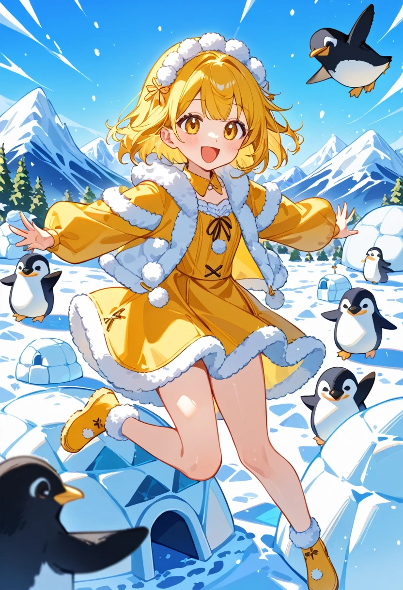 a cute ****ta girl jumping ,igloo, with many fluffy penguin , open mouth, brigh color, xeal, annimal, small girl, happy, mountain ice on the background, frosted, furr trimmed jacket, yellow color