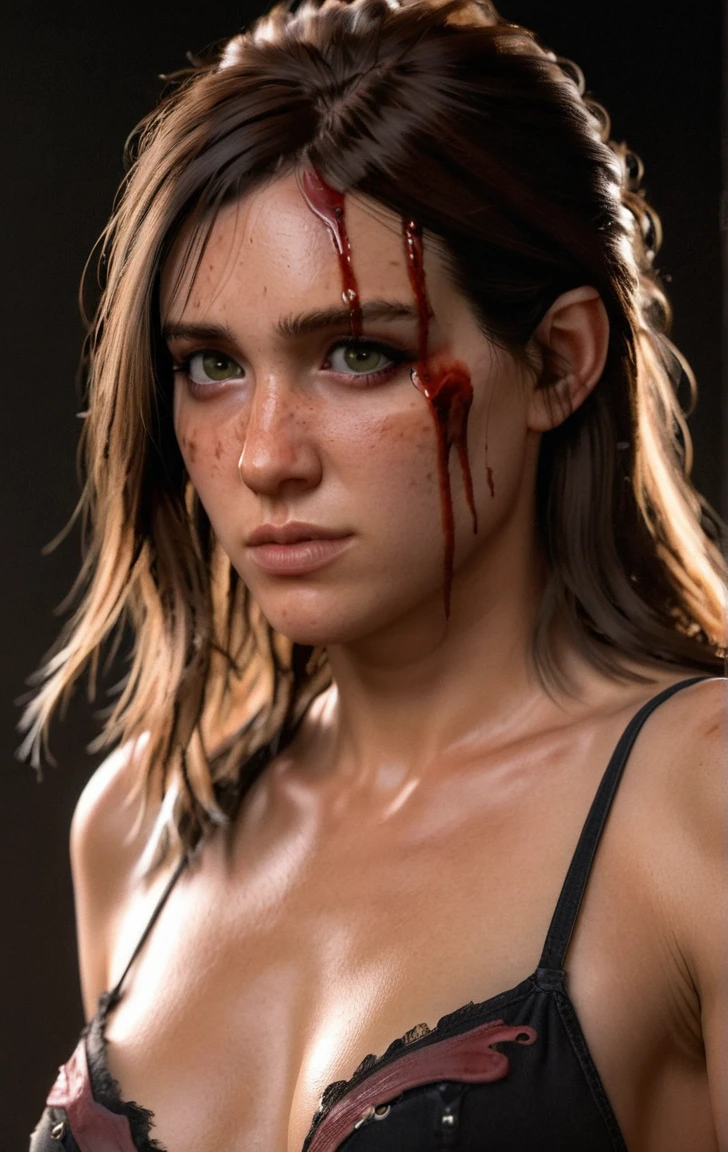 photo of ohxw, ellie, tattoo on left arm, woman, black jeans, close up, , long length hair, face details, low key lighting, blood on her face. Sexy face
Bikini