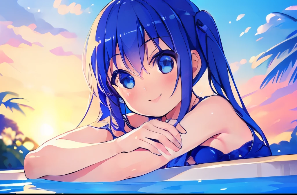 ((masterpiece)), ((best quality)), (ultra-detailed), pool, a cute girl, 1girl, solo, ((beautiful eyes)), smile, bikini00, beautiful blue hair