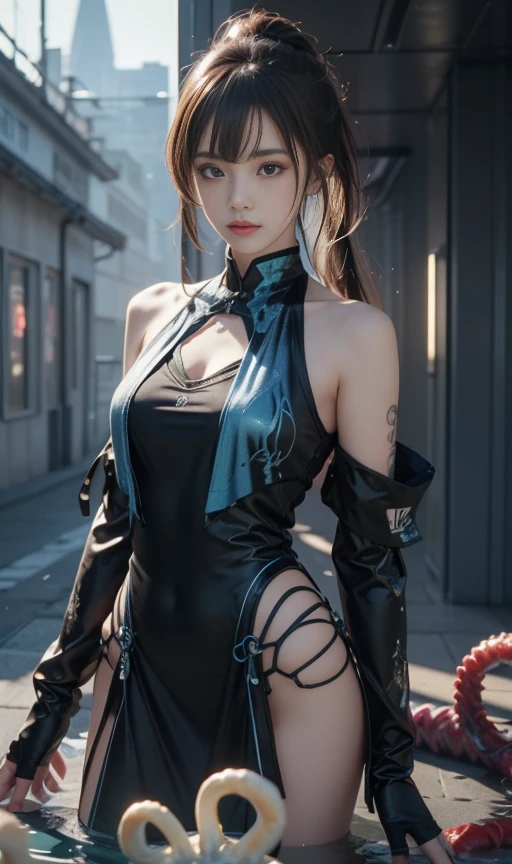 Game Art，Highest quality，relax、relaxフィーリング、  highest resolution  ，8k，((Bust photo))，((Portraiture))，(3-part construction )，  Unreal Engine 5 Render， ( Future Girl)，( Female Warrior)， 22 year old girl，(Long ponytail hairstyle in red and blue shades)，( Beautiful Eyes and Attention to Details )，relaxストリップ、(Big Breasts)，Elegant and attractive，smile，(Frowning)，(Clothes filled with futuristic sci-fi style，sweater，relaxポーズ、relaxポージング、 delicate pattern，Shining Jewels，armor)，  Cyberpunk Characters ，Futuristic Style， Photo pose，City Background， movie lighting ， ray tracing，Game CG，((3d unreal engine))，  Reflection Pattern Rendering 8K Exposure, (masterpiece),  very detailed, Professional tentacles wrap around your body、、Tentacles feel good、Tentacles caressing nipples、 intertwining tentacles 、Hose-like tentacles、Tentacles wrapping around chest、Tentacle caressing、Snake-like tentacles、沢山のTentacle caressと媚薬、、Tentacle caress、Tentacle caress媚薬、Tubular tentacles))、Tentacles wrap around the body、relax　orgasm、、 intertwining tentacles 、Hose-like tentacles、Snake-like tentacles、 aphrodisiac lotion secretes from the tentacles 、、The tentacles feel good、 many tentacles caress her breasts on Asuna's monorail、Tentacles caressing nipples、Tentacles caressing nipples、Tubular tentacles)