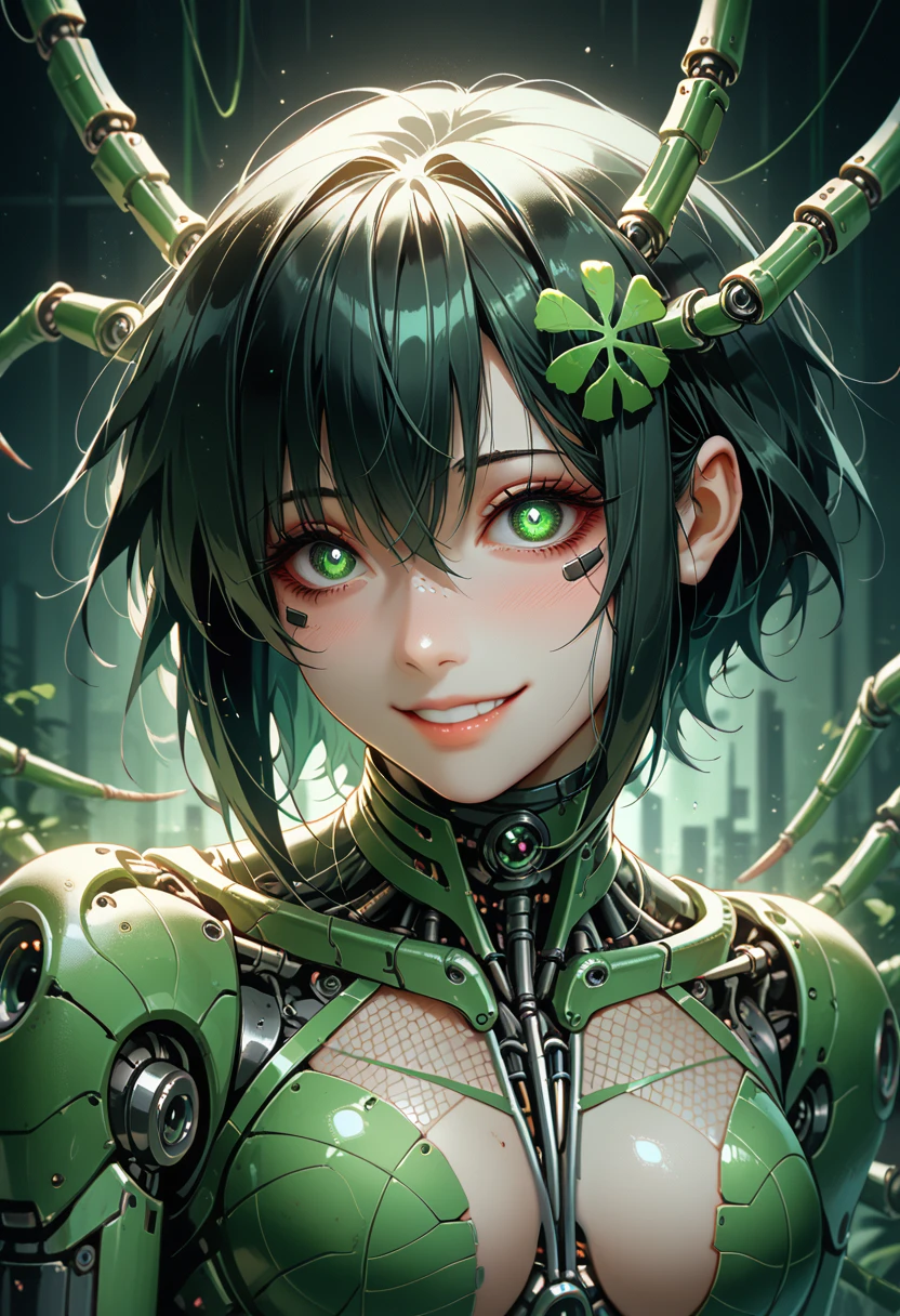 A girl fused with Centipede. Cyborg body. Black hair. Green mesh hair. Yandere Smile. Blank eye. Black and Green image color. Kaijin.