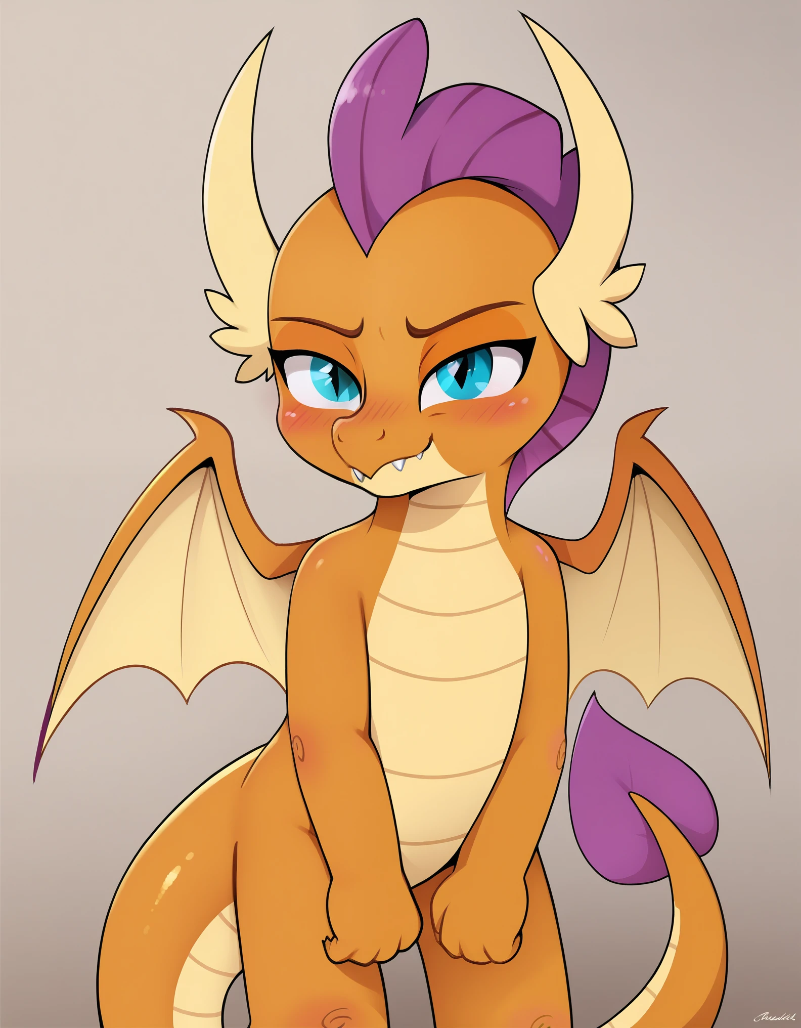 dagasi, score_9,score_8,source_furry, 1girl, orange body,orange skin,purple hair,dragon,dragon tail, smolder_mlp