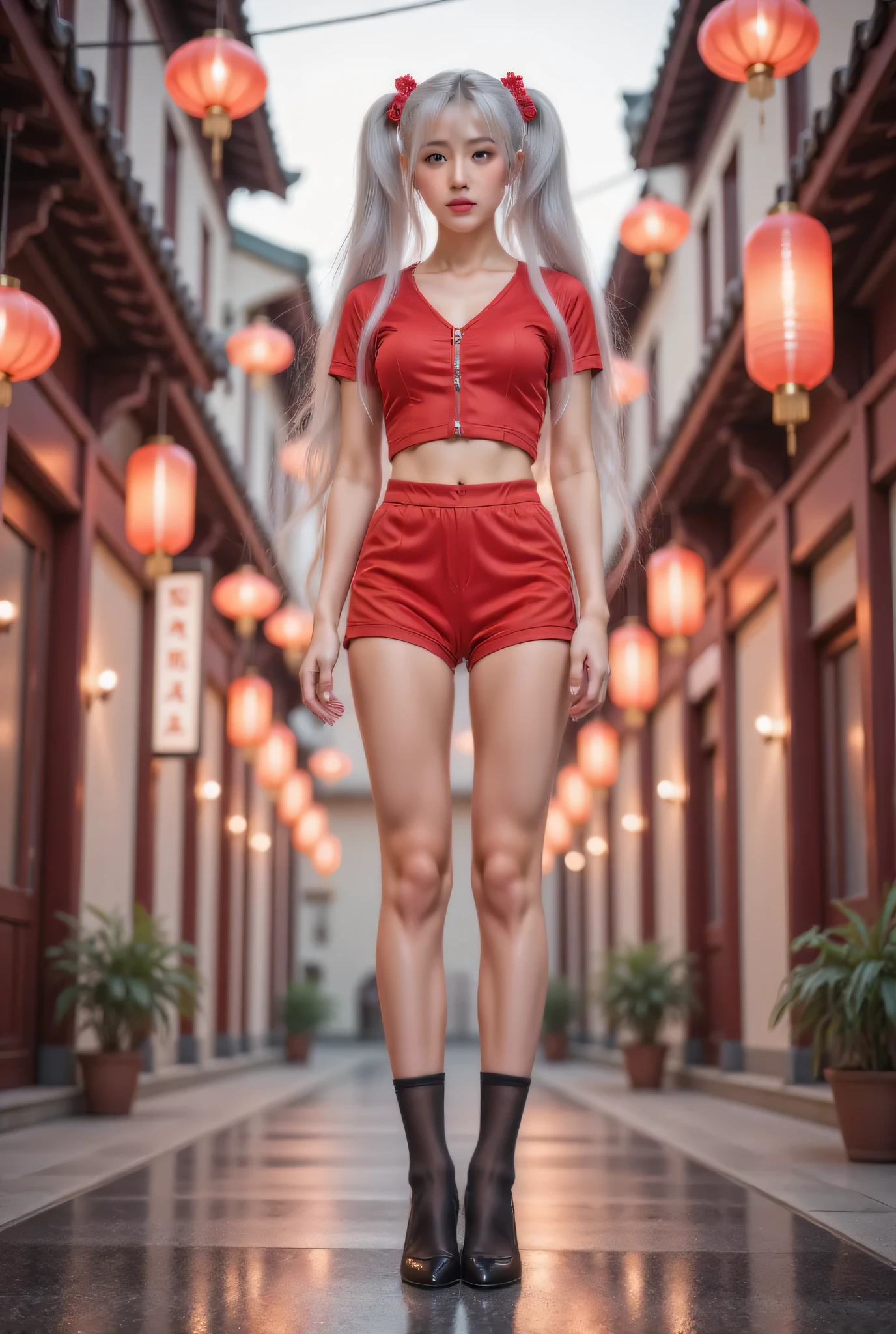 masterpiece , best quality, high resolution , 1 girl at home,From below,(The legs are very thin and straight),,(Very long legs,[[Straight Legs),,High heel,Long Method,Stand up, Long legs to look at from the front , perfect figure ,Have perfect legs,(Appearance),Full body adulterer, cyberpunk character , dynamic posture, 1 girl at home, delicate eyes , brown eyes,Eyeshadow,Fabrication, long gray hair, detailed facial, delicate eyes , Audience perspective, blush\(Fabrication\), plump lips, Red lips,( long gray hair:1.3), (Stand up)Mechanical static,Mechanical Summoning,(Hair accessories:1.1),Headdress,((((Red school uniform, shorts)))),( black pantyhose ),City,Luminous winding,,Cyberpunk Lights:1.1),neon, full of mechanical and futuristic elements , technology,背景是一条传统的中国street,Chinatown, street, sky sky, cyberpunk character , Paper Lanterns, neon Super Resolution,(Realism:1.3),1(:1.2), dramatic lights ,Vivid details,Luxury Cyberpunk, Complex background ,Octane Rendering,