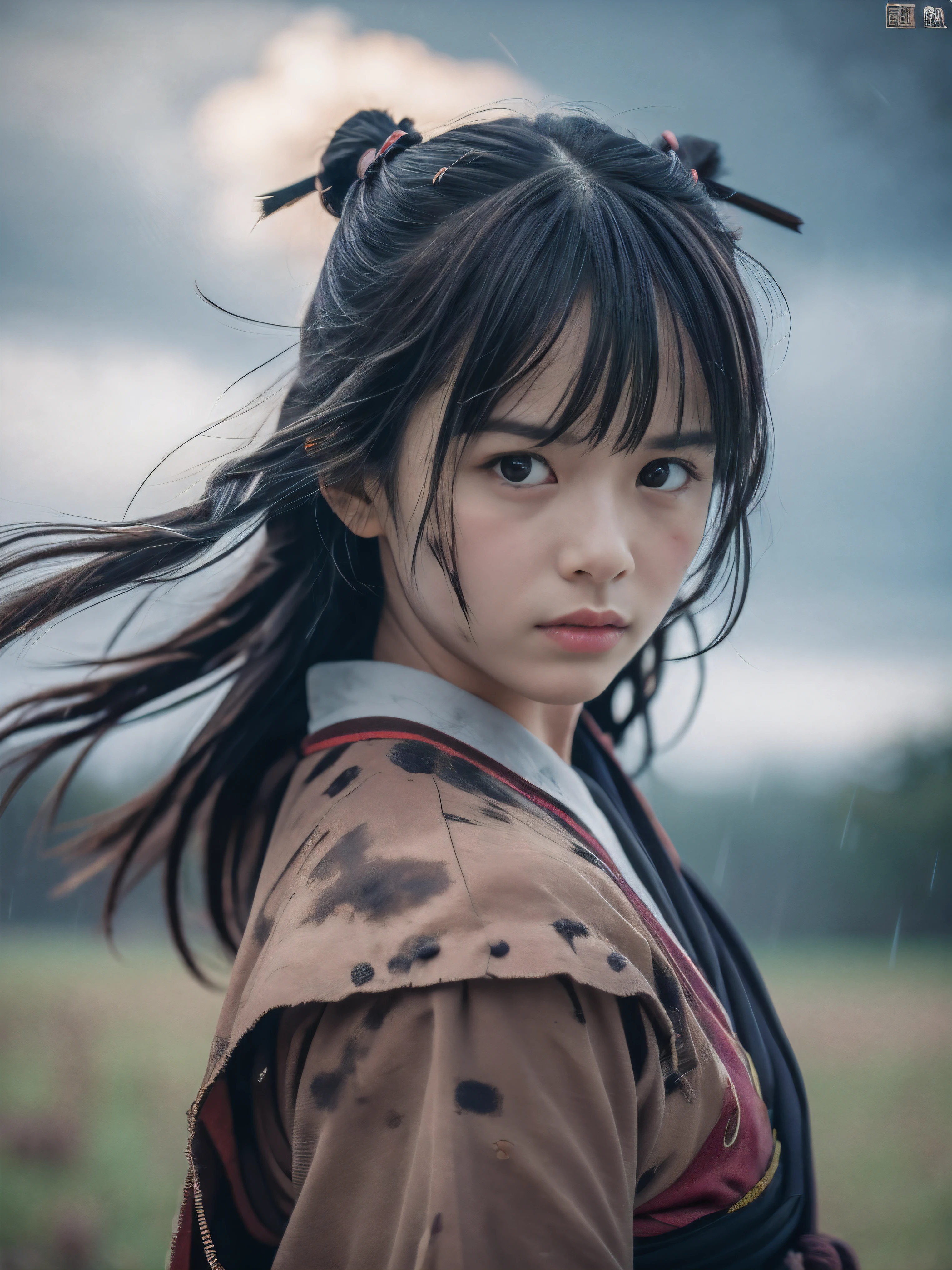 (Close up portrait of one slender small breasts two side up black medium hair with bangs girl in a black colored dirty bloody armor warrior as samurai in Japan at raining:1.5)、(One girl makes fighting pose and hold Japanese traditional white blade sword on hand under the raining sky on the grassland in old Japan with crying dirty bloody face:1.5)、(Heavy raining dark sky:1.5)、(blurred background:1.5)、(Natural light:1.5)、(8k ultra detailed master piece:1.5)、(perfect anatomy:1.5)、(Photorealistic stick:1.5)、(Raw photo:1.3)、(highest quality:1.5)、(High resolution:1.3)、(Delicate and beautiful perfect face:1.3)、(Delicate and beautiful eye air skin:1.3)、(Real Human Skin:1.3)、((thin legs))