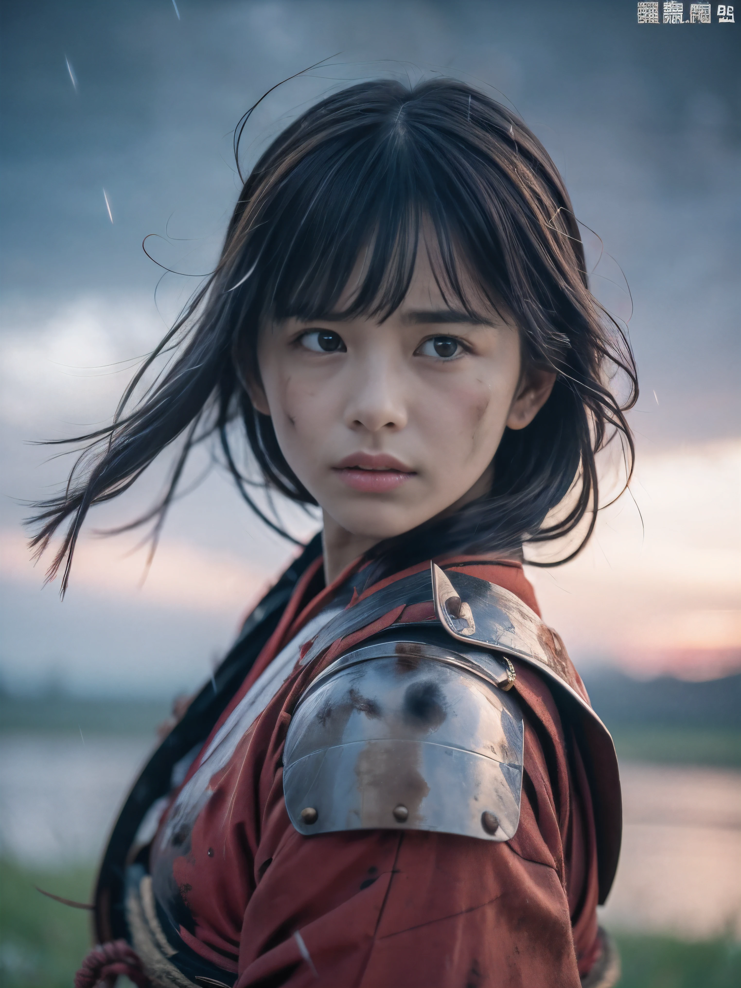 (Close up portrait of one slender small breasts two side up black medium hair with bangs girl in a black colored dirty bloody armor warrior as samurai in Japan at raining:1.5)、(One girl makes fighting pose and hold Japanese traditional white blade sword on hand under the raining sky on the grassland in old Japan with crying dirty bloody face:1.5)、(Heavy raining dark sky:1.5)、(blurred background:1.5)、(Natural light:1.5)、(8k ultra detailed master piece:1.5)、(perfect anatomy:1.5)、(Photorealistic stick:1.5)、(Raw photo:1.3)、(highest quality:1.5)、(High resolution:1.3)、(Delicate and beautiful perfect face:1.3)、(Delicate and beautiful eye air skin:1.3)、(Real Human Skin:1.3)、((thin legs))