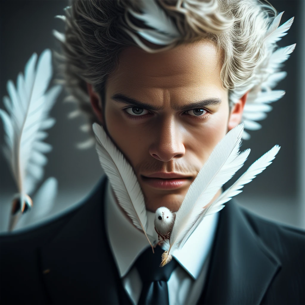 
solo, rooster, humanoid, white feathers, subtle human body, wearing black suit, portrait, proud posture, elegant, black tie, realistic, detailed feathers, close-up, blurred background, refined, formal attire, animal, creature, hybrid, minimalistic, score_9, score_8_up, score_7_up, score_6_up, score_5_up, score_4_up, realistic