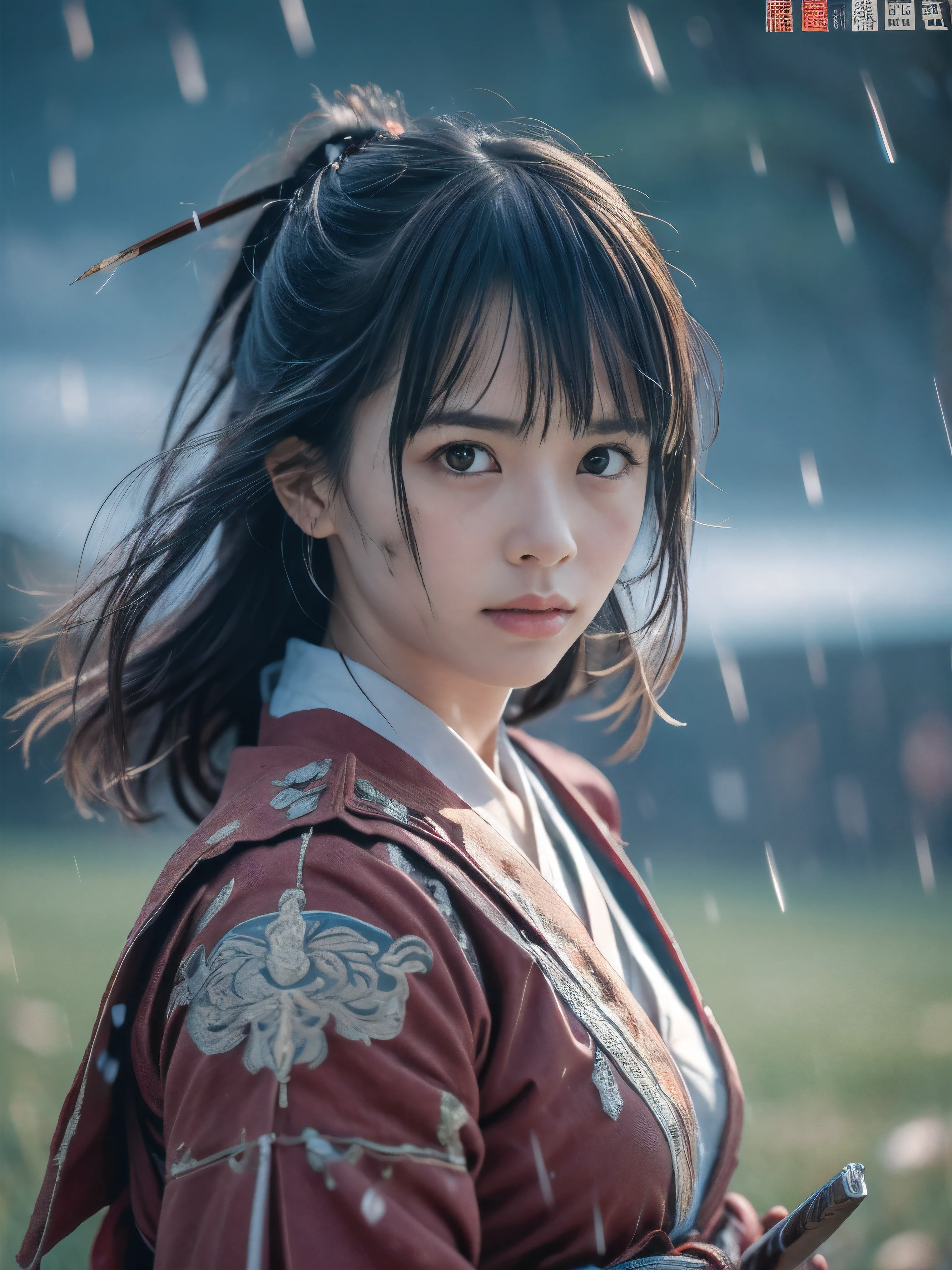 (Close up portrait of one slender small breasts two side up black medium hair with bangs girl in a black colored dirty bloody armor warrior as samurai in Japan at raining:1.5)、(One girl makes fighting pose and hold Japanese traditional white blade sword on hand under the raining sky on the grassland in old Japan with crying dirty bloody face:1.5)、(Heavy raining dark sky:1.5)、(blurred background:1.5)、(Natural light:1.5)、(8k ultra detailed master piece:1.5)、(perfect anatomy:1.5)、(Photorealistic stick:1.5)、(Raw photo:1.3)、(highest quality:1.5)、(High resolution:1.3)、(Delicate and beautiful perfect face:1.3)、(Delicate and beautiful eye air skin:1.3)、(Real Human Skin:1.3)、((thin legs))