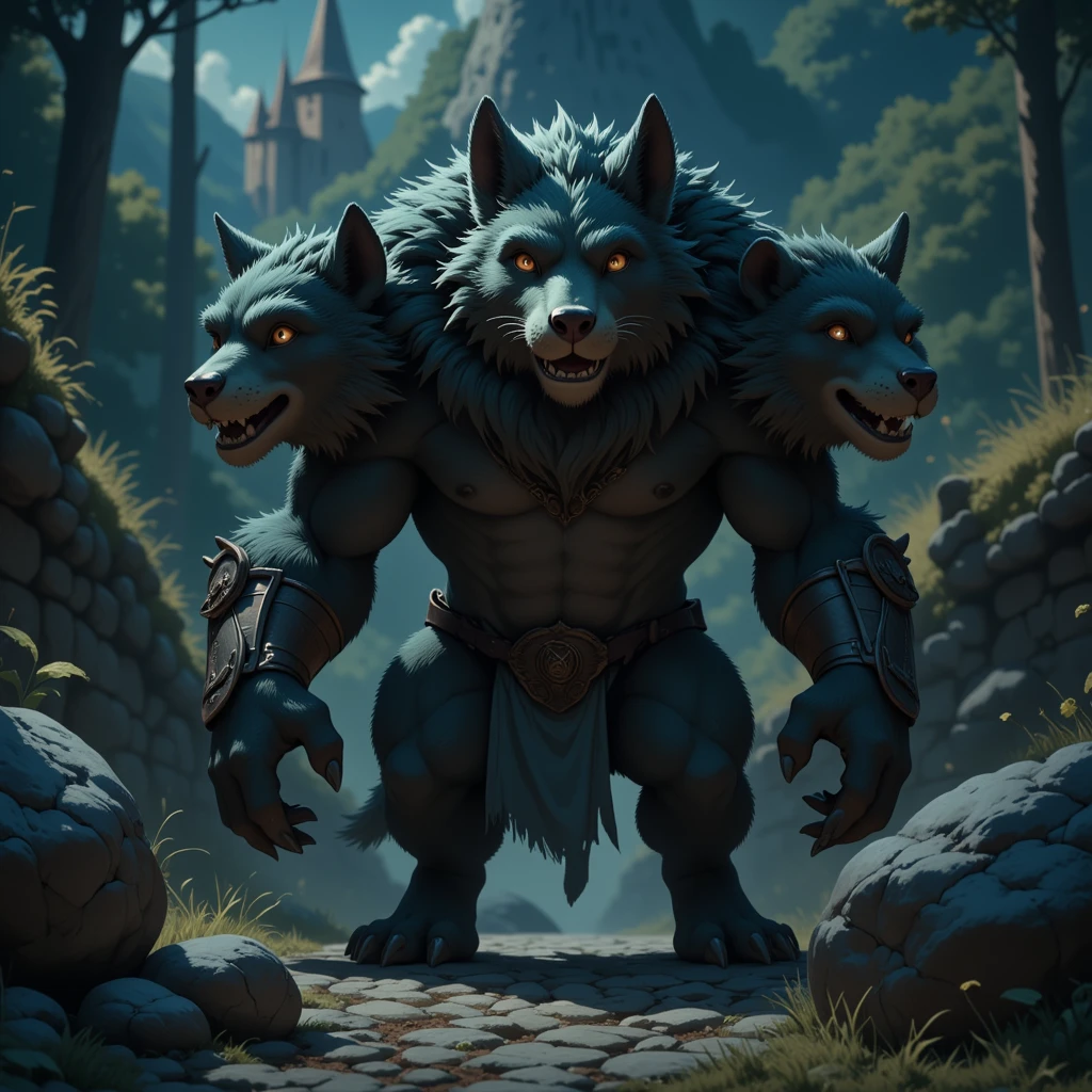 character focus, full body, looking away, various angle, european fantasy, a muscular middle-aged triple heads cerberus man, clothed, heroic costume, full armor, pants, dynamic pose, BREAK complete anatomy, perfect proportions, beautiful thigh gap, fluffy body, intricate fur details, beautiful fur texture, BREAK (a detailed cerberus 1tail), detailed boots, detailed foot, detailed hands, 5fingers, 5fingers nails, BREAK aesthetic anime face, insanity detailed face, male face, big face, square jawline, aesthetic anime eyes, detailed brown eyes, detailed brown cornea, detailed dark brown irises, detailed pupils, male eyes, big eyes, male eyebrows, innocent look, beautiful beard, BREAK full body in Michelangelo Buonarroti style, digital illustration anime, housamo style, detailed painting landscape, old castle, path, outdoor, full color, HDR, BREAK masterpiece, official art, best quality, very aesthetic, absurdres, super fine illustration, great quality, BREAK noise reduction, very highres, large filesize, high quality, 32K, 8k wallpaper, dynamic lighting, BREAK insanity detailed, ultra detailed, intricate details, extremely detailed, detailed texture, an extremely delicate and beautiful, BREAK osukemo, e621 illustration, kemohomo, anthropomorphic, furry, cartoon, harmonious body, pastoral face, virtuous eyes, epic atmosphere, 3 heads 