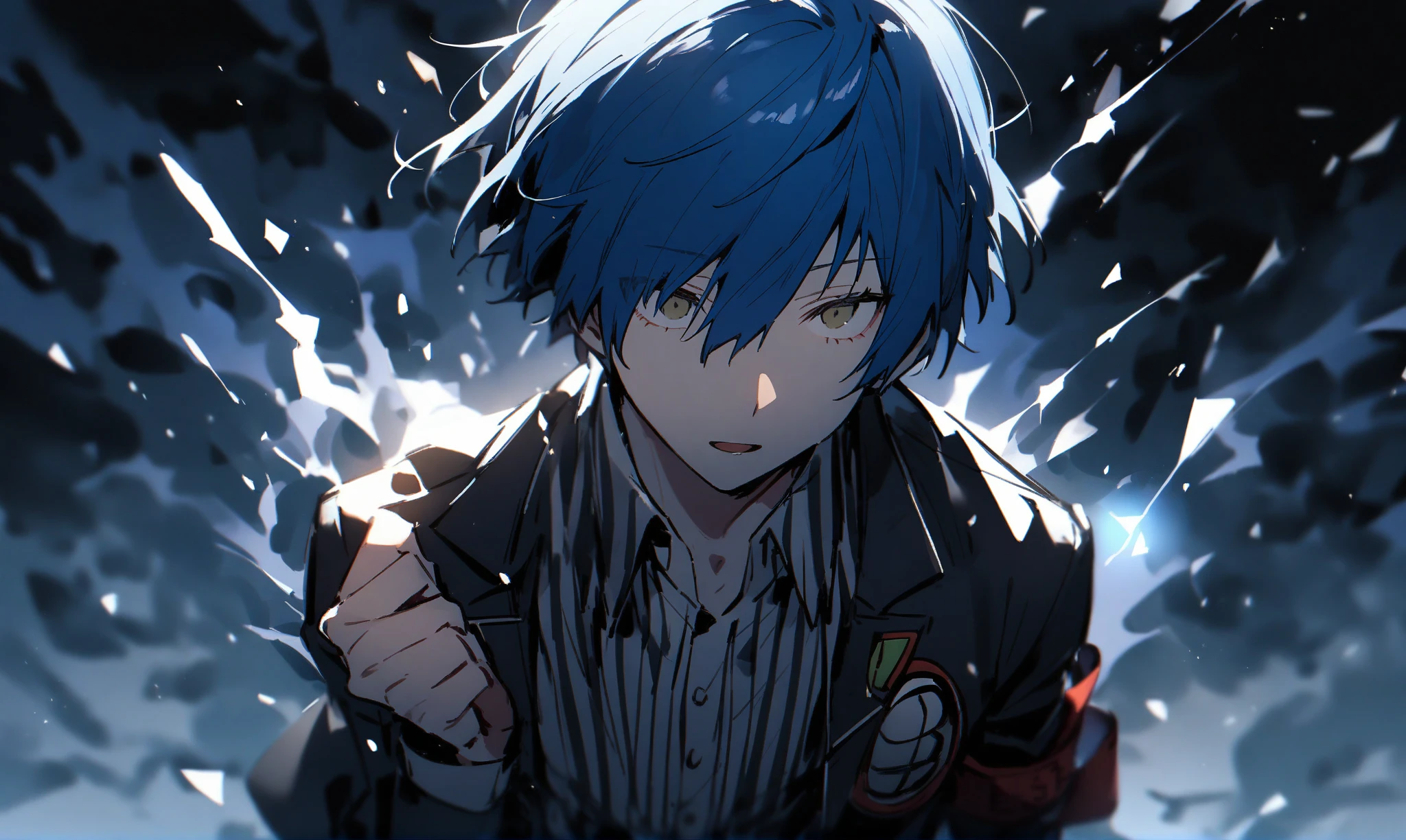 yuki makoto, persona 3, one boy, blue hair,black jacket