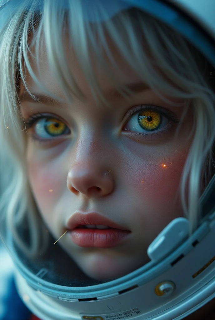 (Close-up of a masterpiece:1.5)0.9]，(Space and astronauts:1.2) (Messy silver hair:1.1) (Heterochromia yellow blue eyes:1.2) (Casque spatial:1.0) (Colorful stars in the eyes:1.0) (Dazzling light:1.1) (Thick lip:0.9)